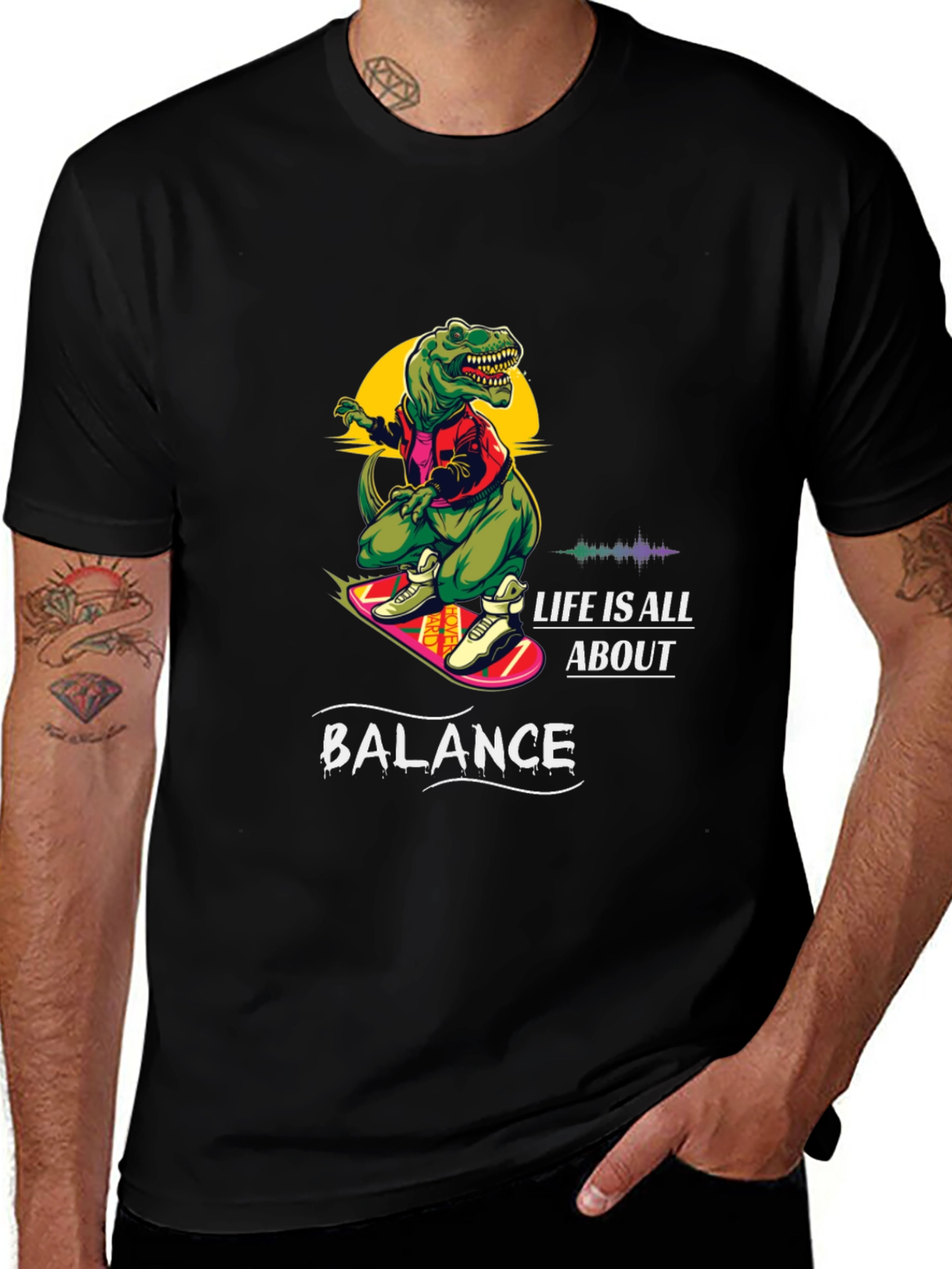 Variant 4 of Dino Skateboard T-Shirt - Life is All About Balance