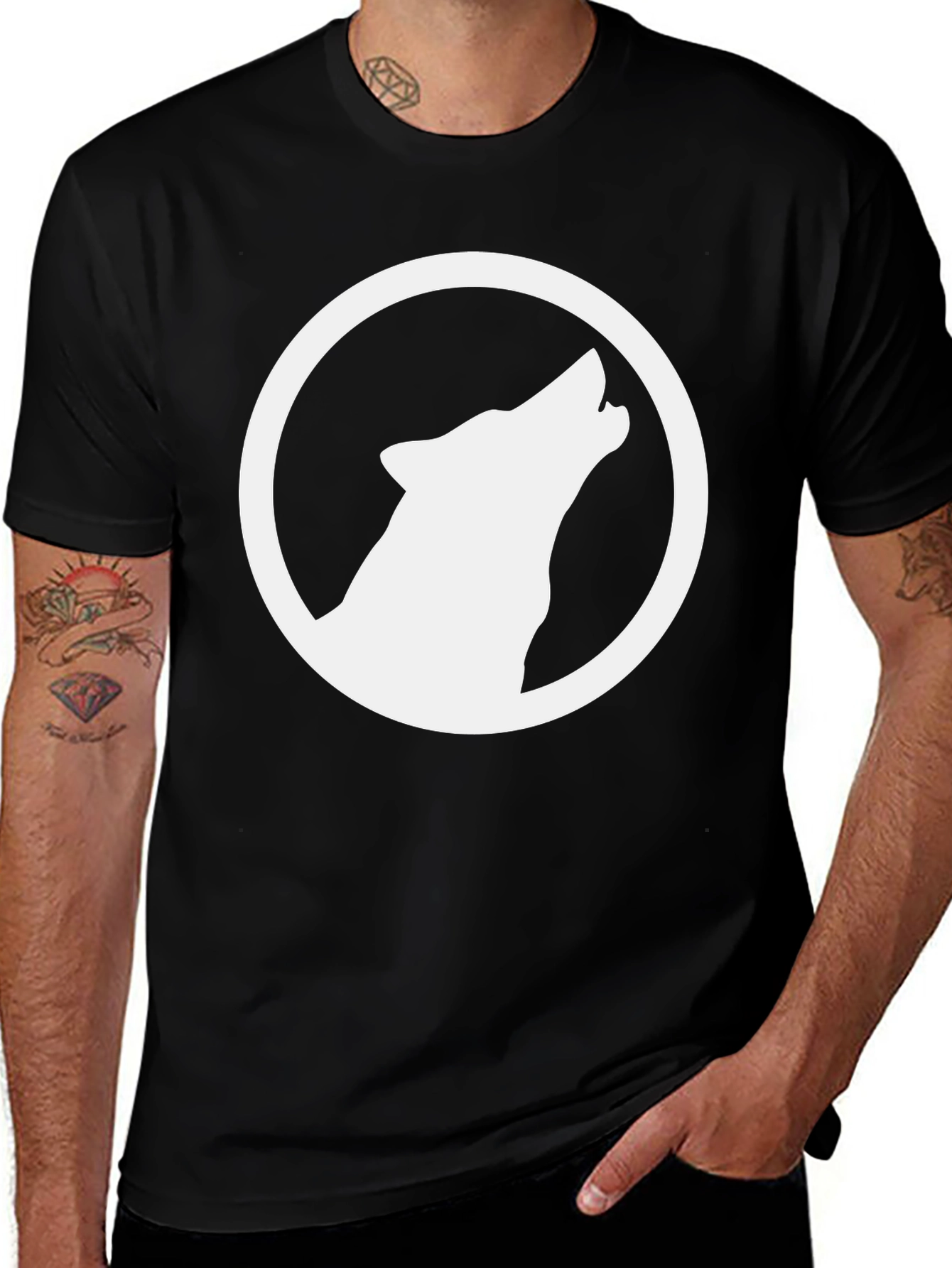 Variant 16 of Howling Wolf Circle Graphic Tee - Black Cotton Blend