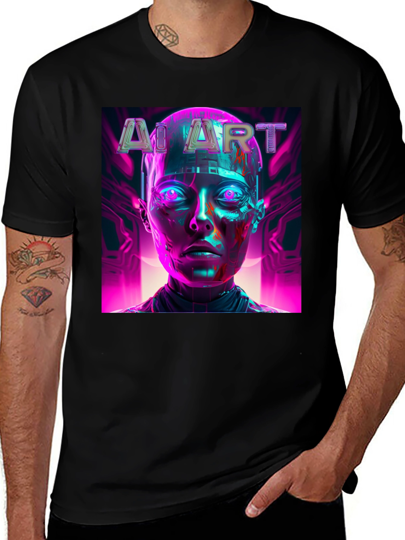 AI Art Black T-Shirt - Cyberpunk Style