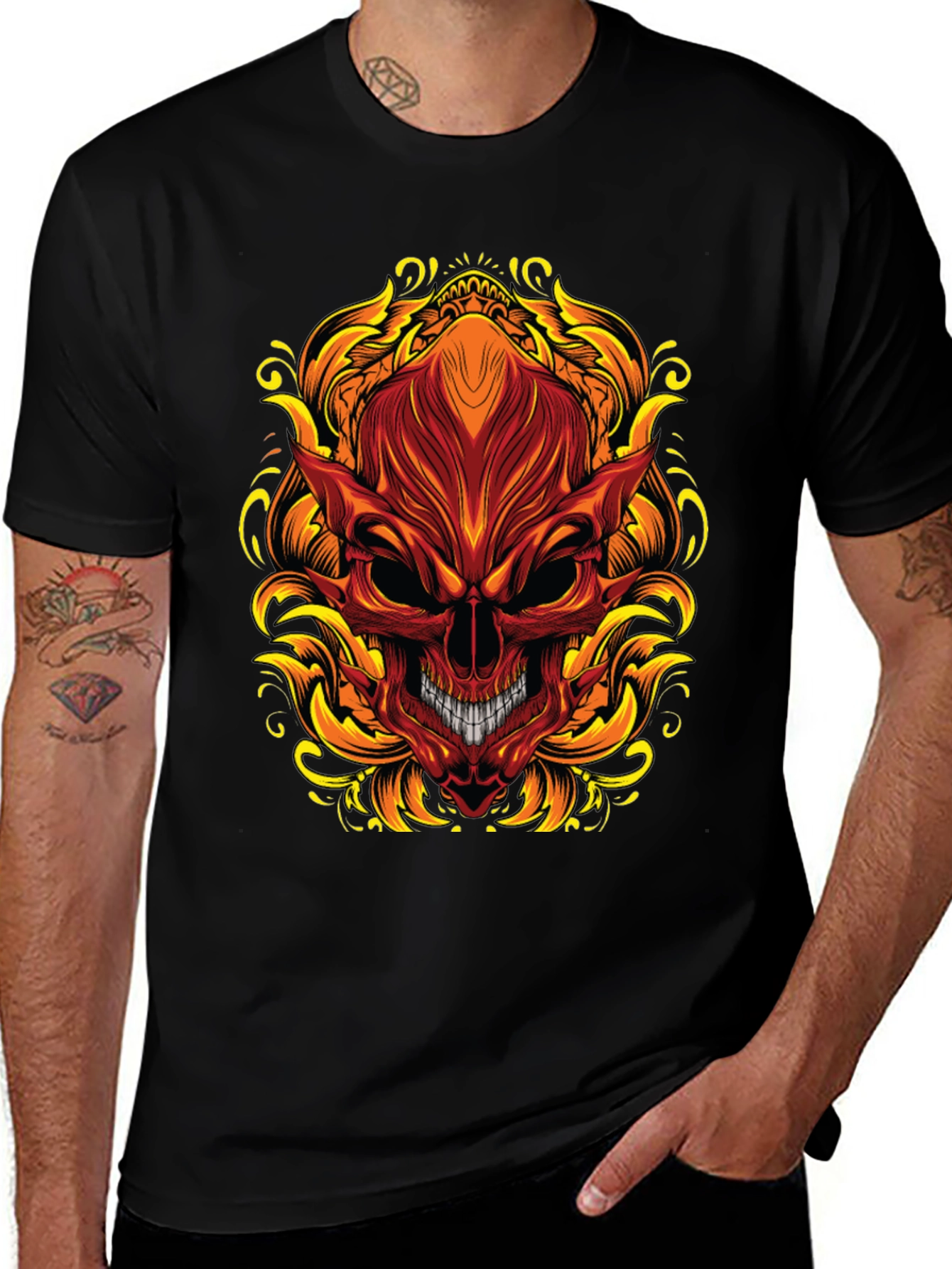 Fiery Skull Graphic T-Shirt - Bold Demon Design