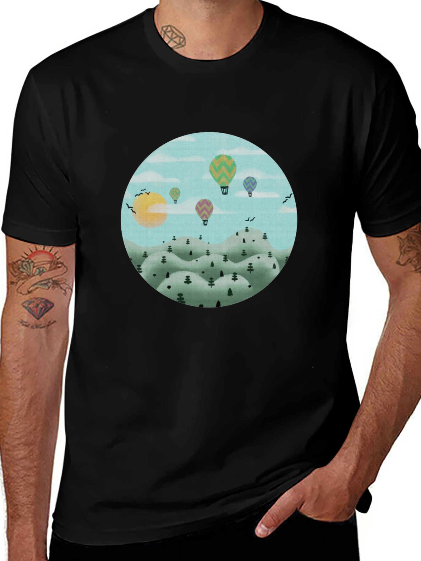 Black Hot Air Balloon Landscape Graphic Tee - Black Cotton main image