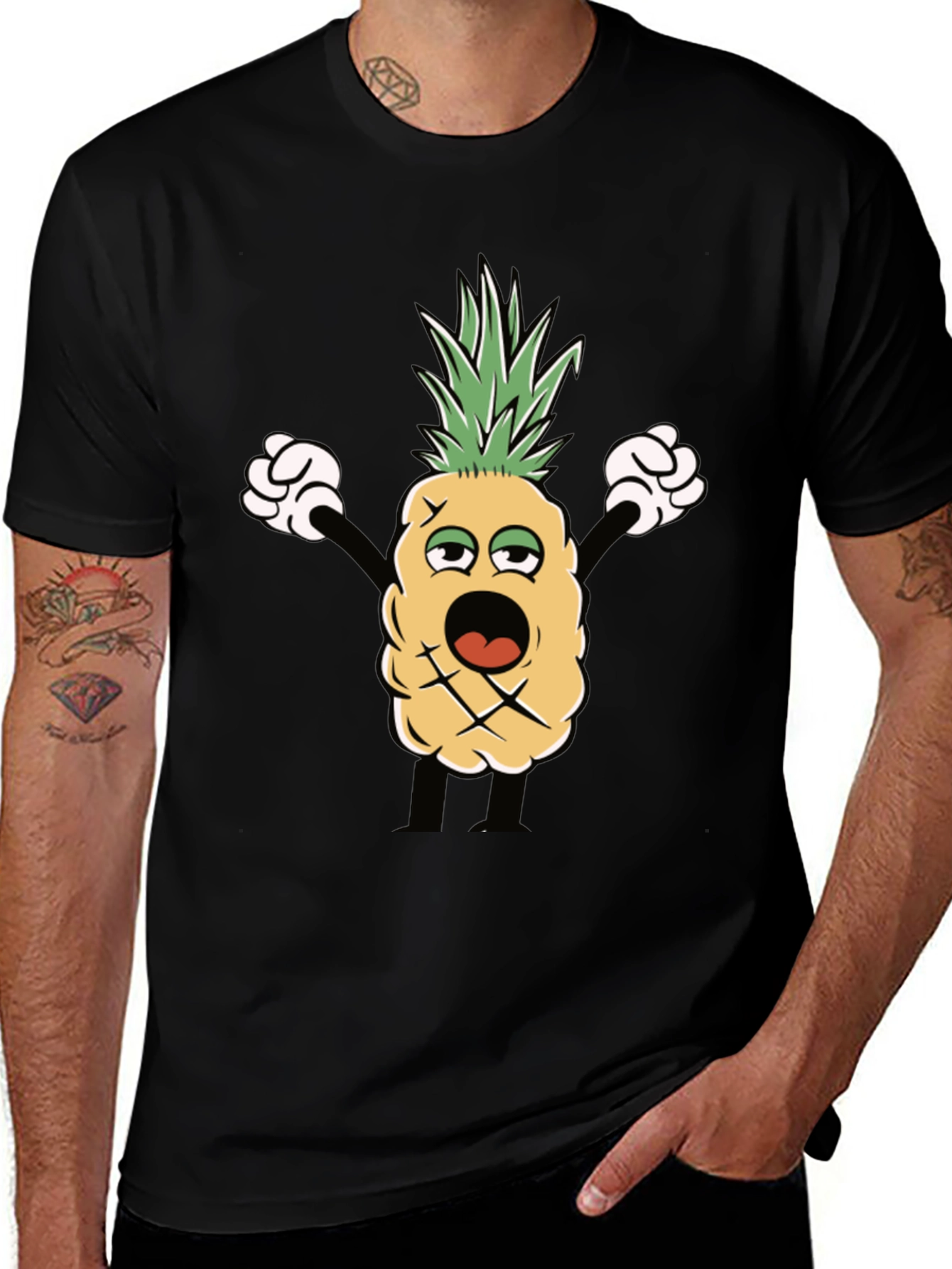 Variant 5 of Cartoon Pineapple Graphic Black T-Shirt