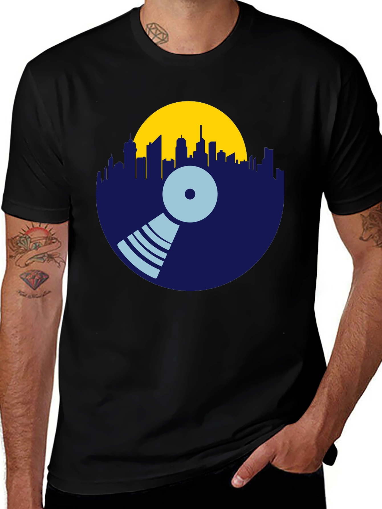 Variant 21 of Vinyl Record Cityscape Graphic Tee - Music Lover Shirt