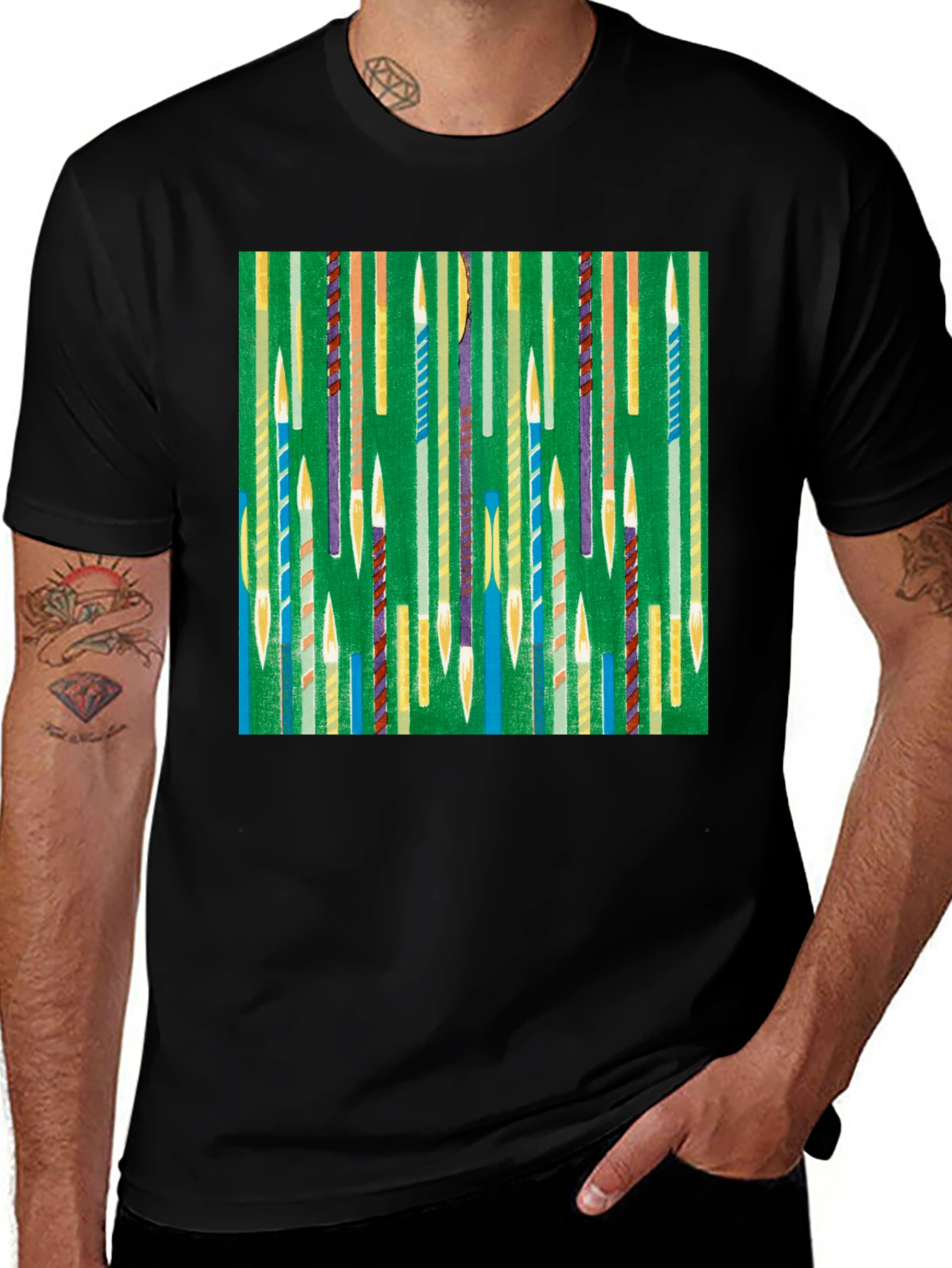 Variant 27 of Festive Candle Pattern Black T-Shirt