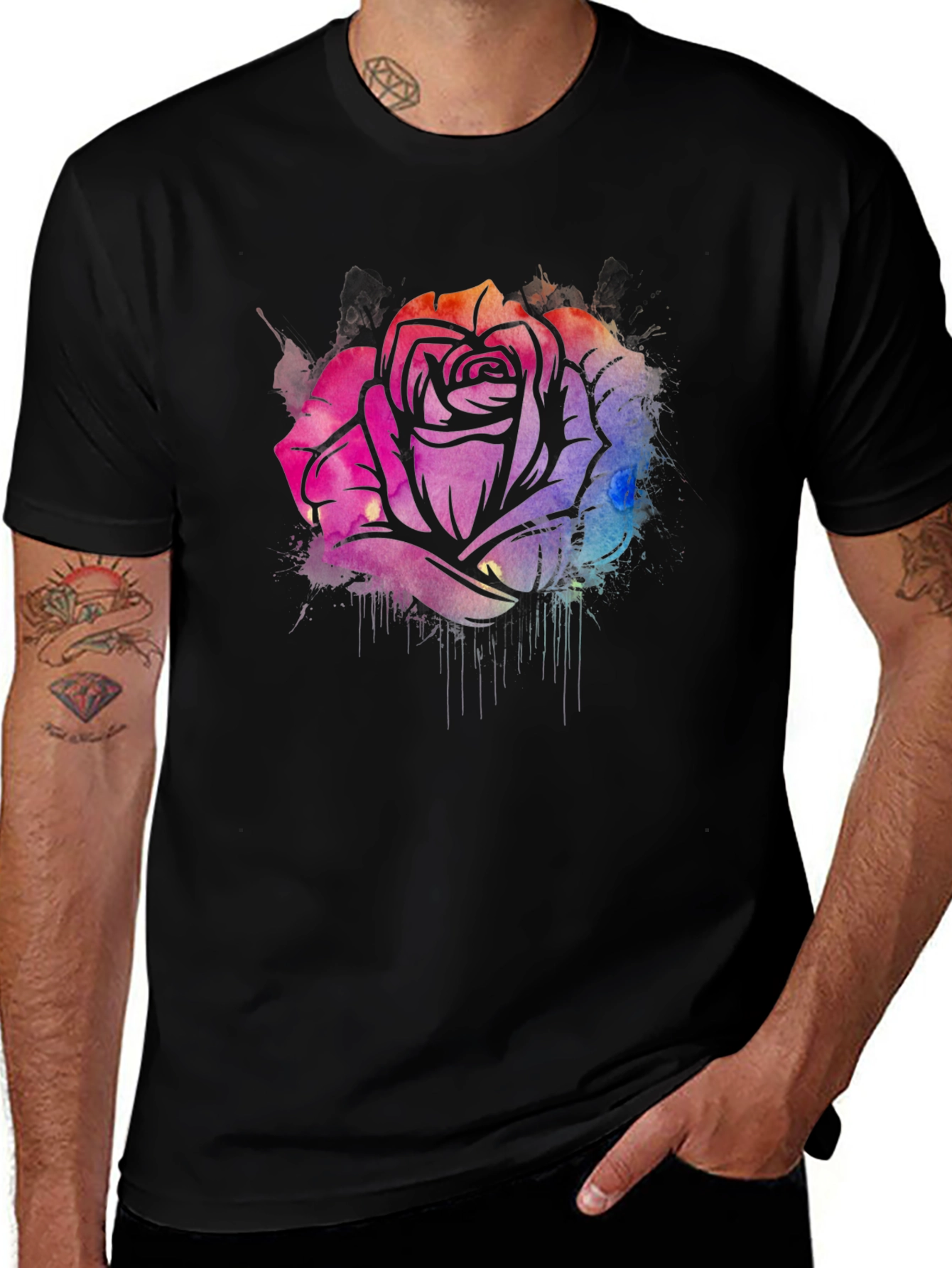 Variant 28 of Watercolor Rose Graphic Tee - Stylish Black T-Shirt