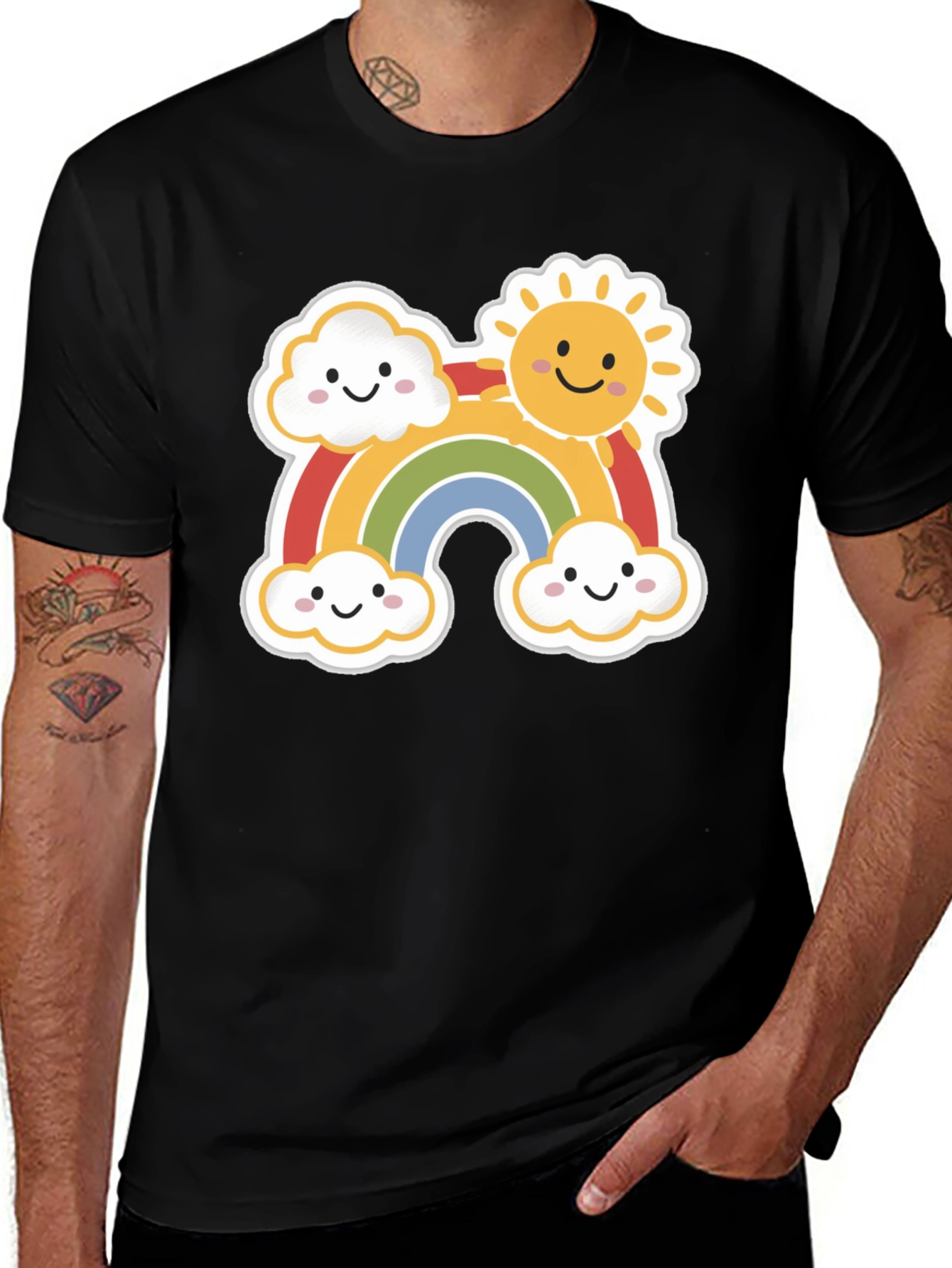 Black Cute Rainbow & Sun Graphic Tee - Black Cotton Shirt main image