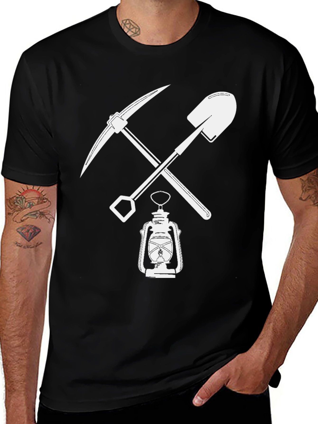 Variant 12 of Miner's Pickaxe & Shovel Lantern Black T-Shirt