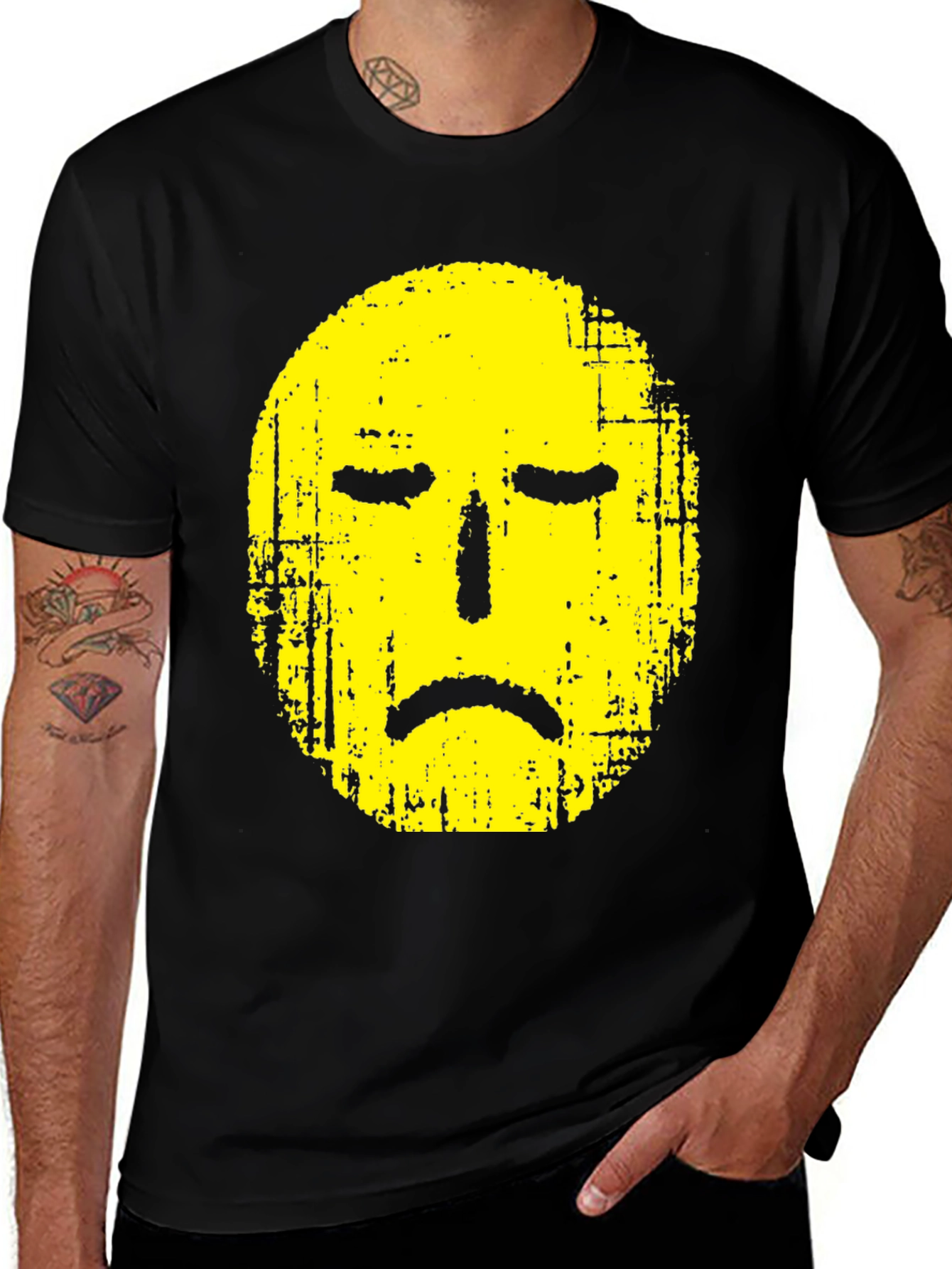 Variant 8 of Sad Face Graphic Tee - Distressed Yellow Design on Black Cotton Shirt