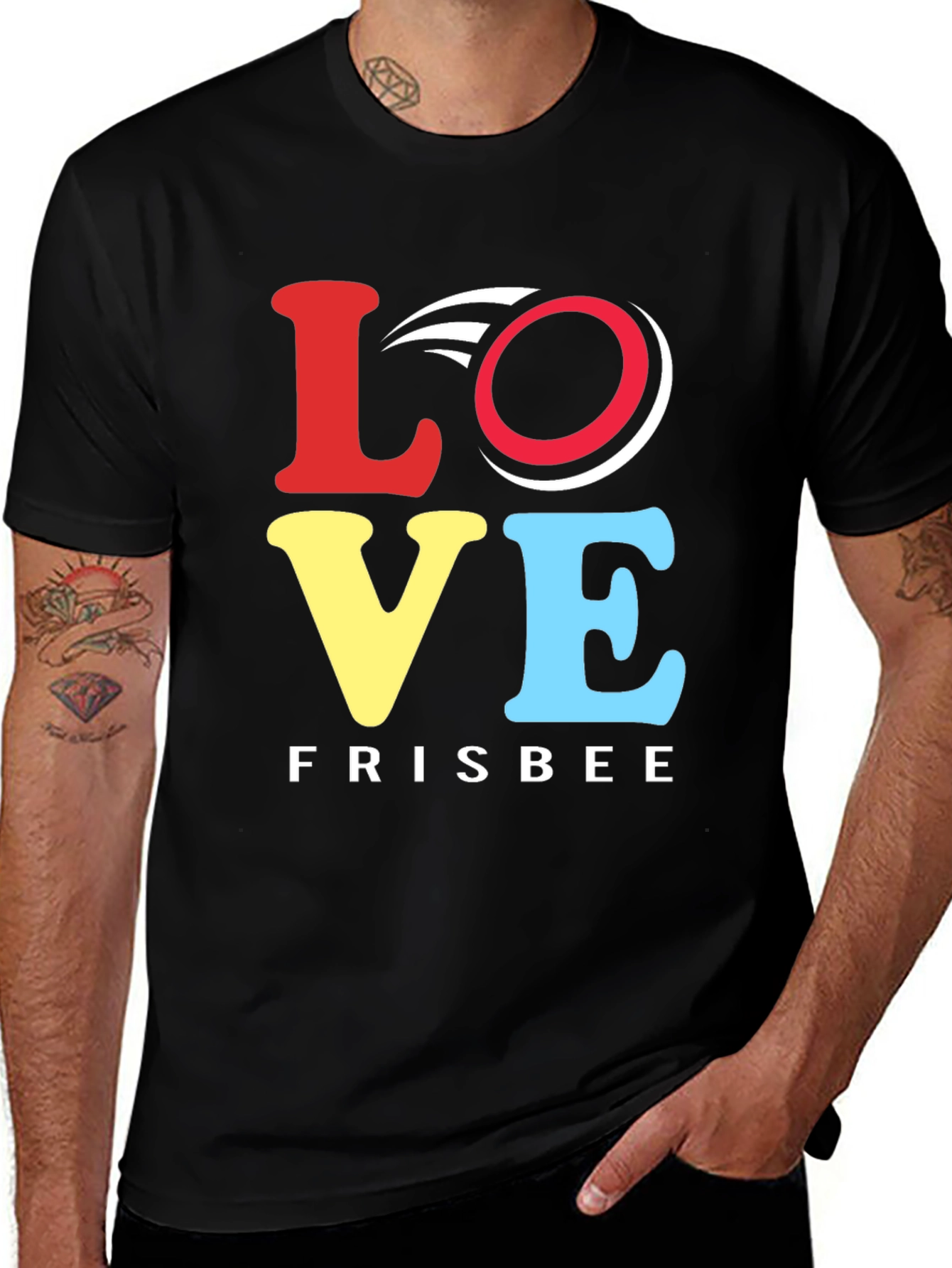 Variant 14 of Love Frisbee Graphic Tee - Black Cotton Blend Casual Shirt