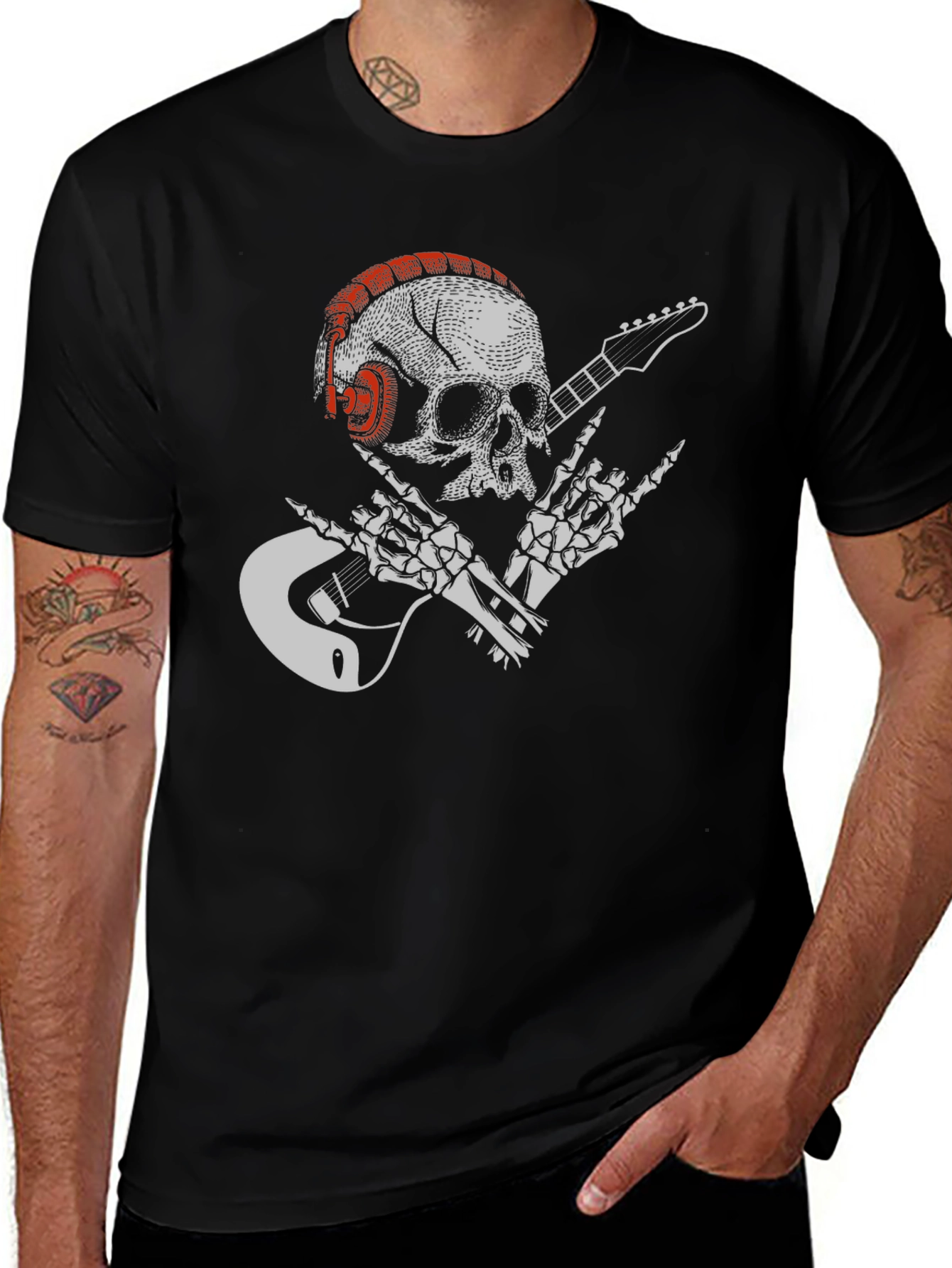 Variant 21 of Rock On Skull T-Shirt - Skeleton Guitar Graphic Tee