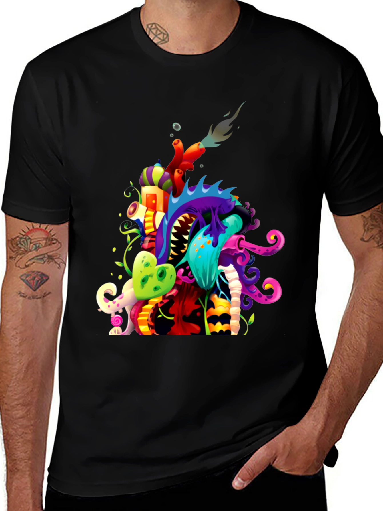 Men's Black T-Shirt with Colorful Monster Art
