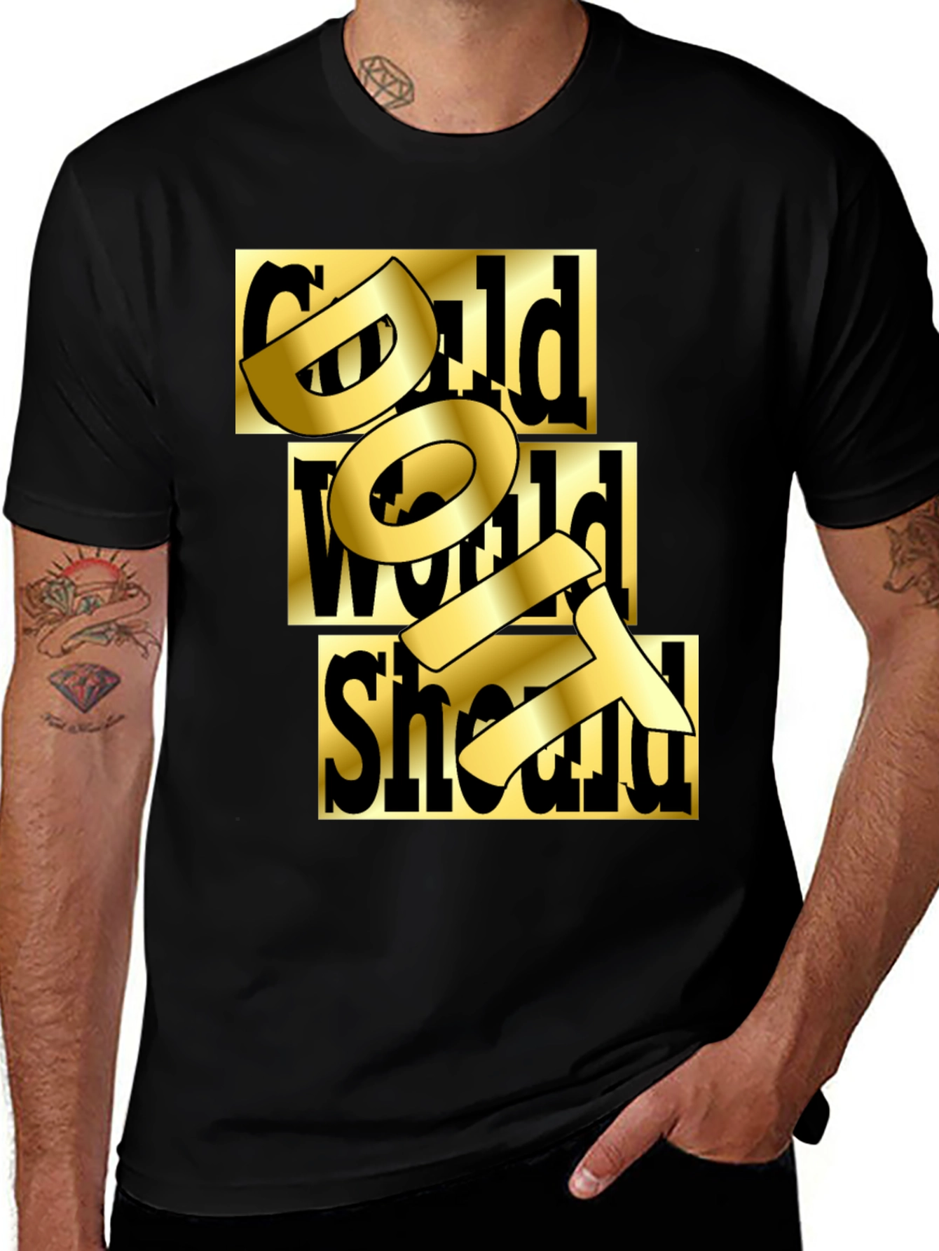 Variant 22 of Gold Text Graphic Black T-Shirt
