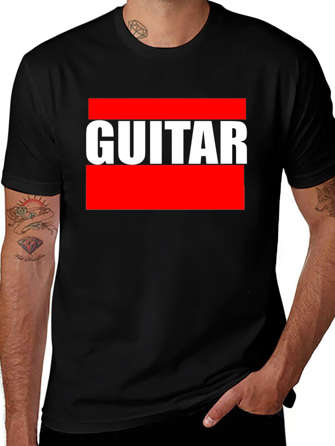Black Guitar T-Shirt - Bold Red and White Design main image