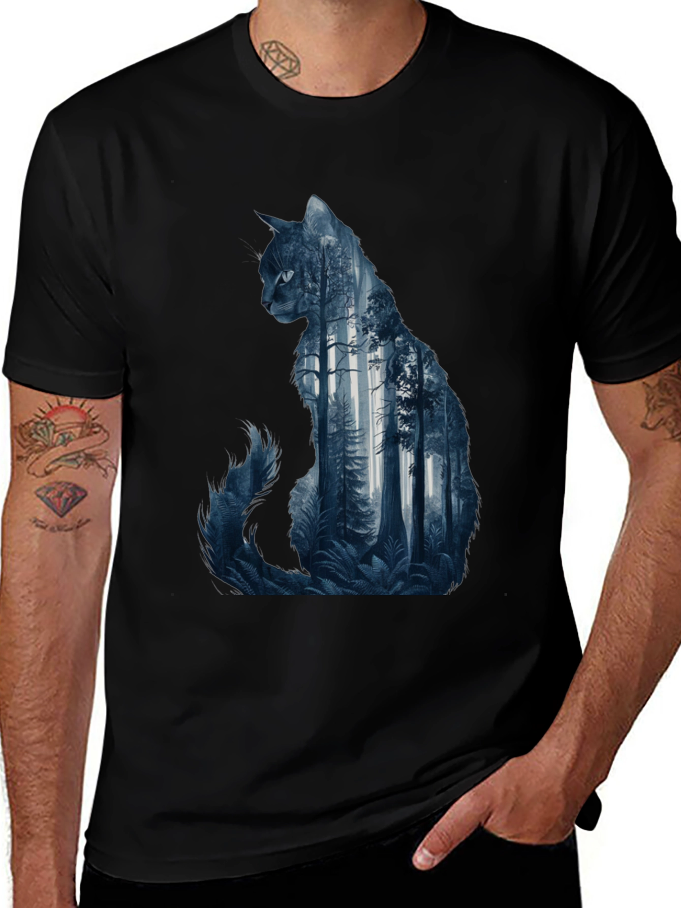 Variant 14 of Cat Forest Graphic Tee - Nature Inspired Black T-Shirt