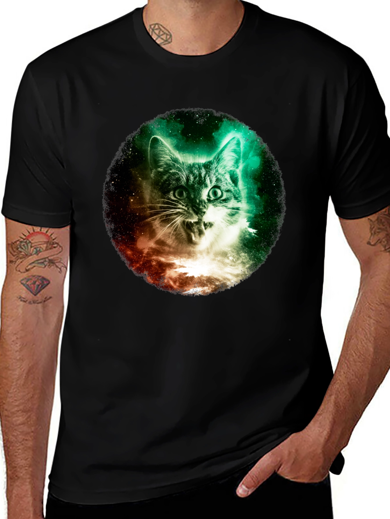Black Cosmic Cat Graphic Tee - Galaxy Kitten T-Shirt main image