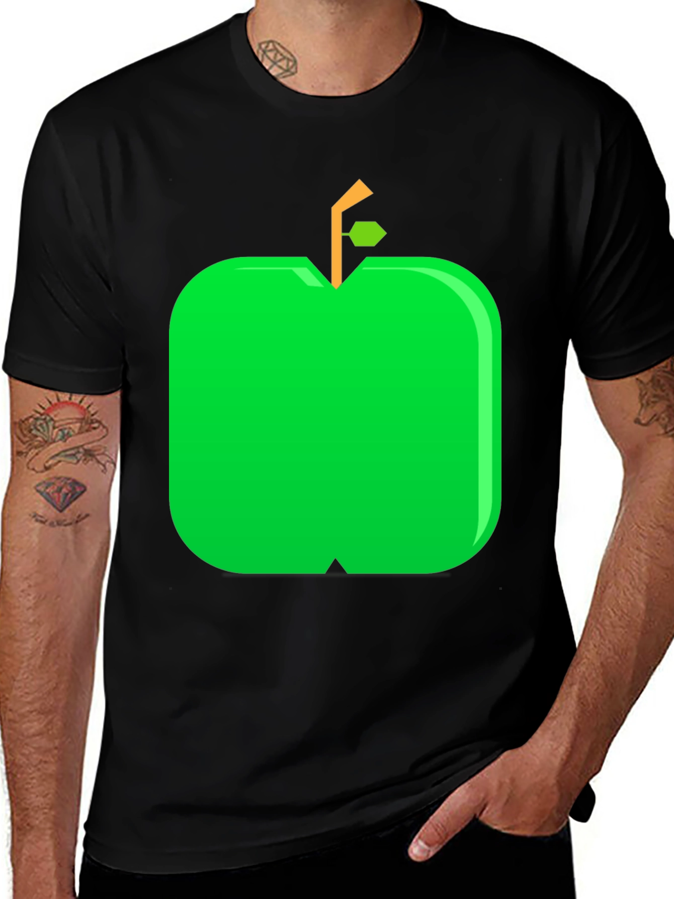 Green Apple Graphic Black T-Shirt Casual Wear