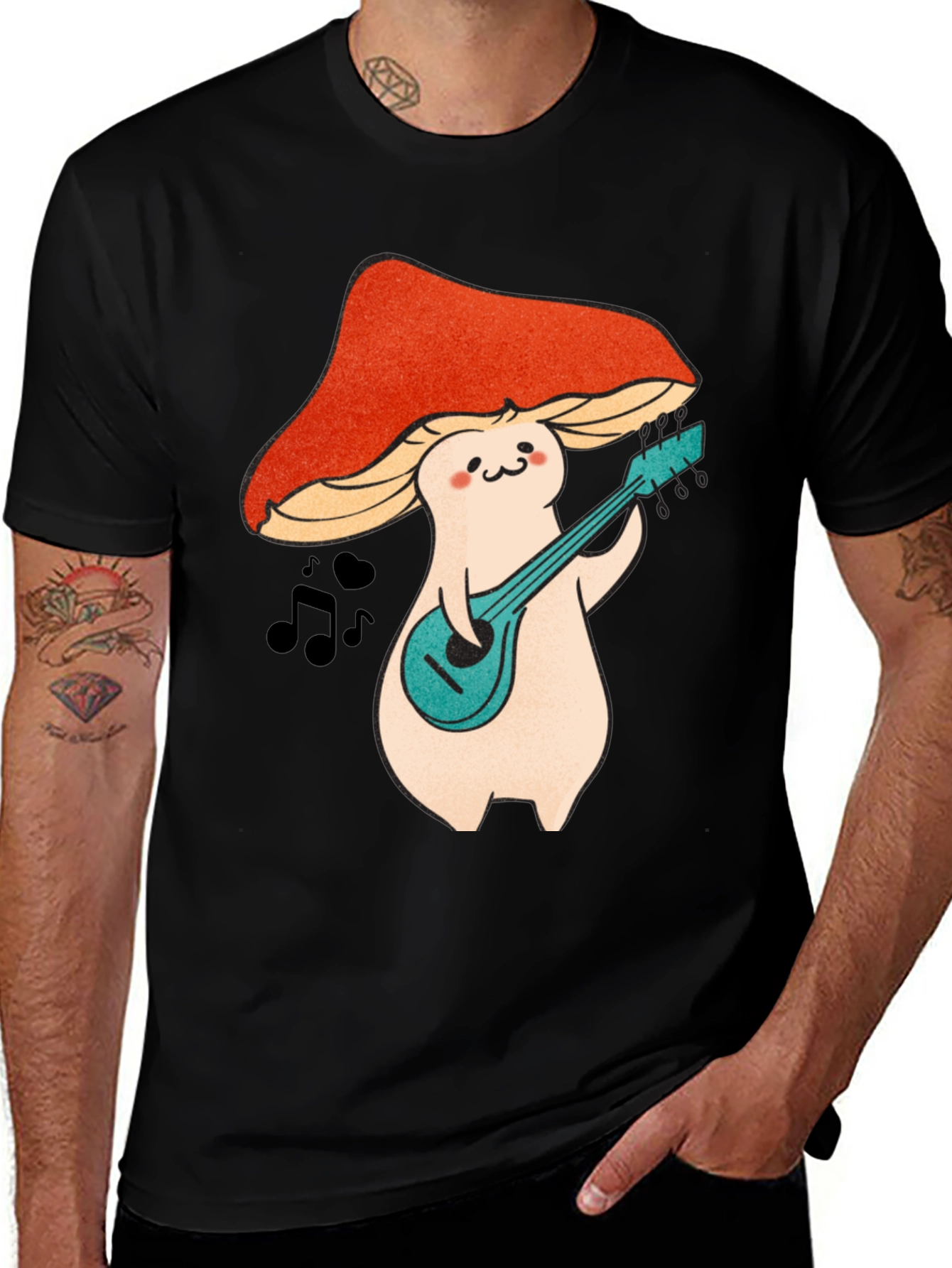 Variant 30 of Mushroom Musician Graphic T-Shirt - Black Cotton Tee