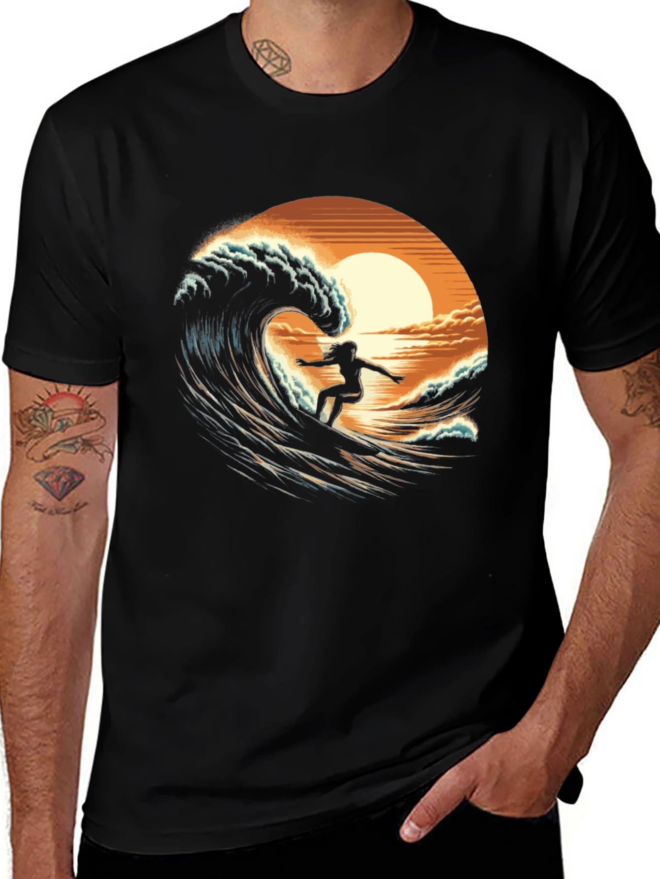 Variant 20 of Surfing Wave Graphic Tee - Black Cotton T-Shirt