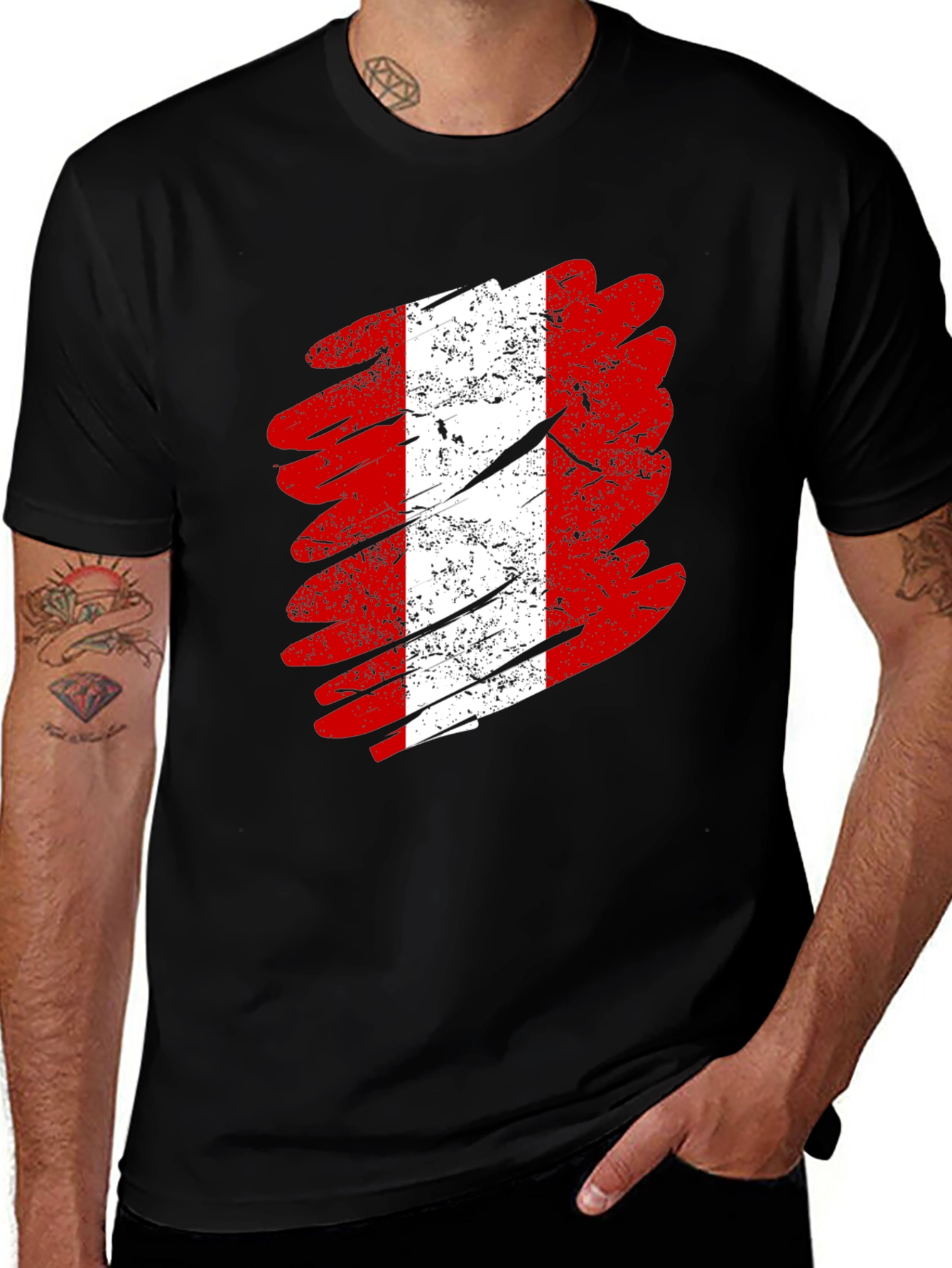 Peru Flag Distressed Graphic Black T-Shirt