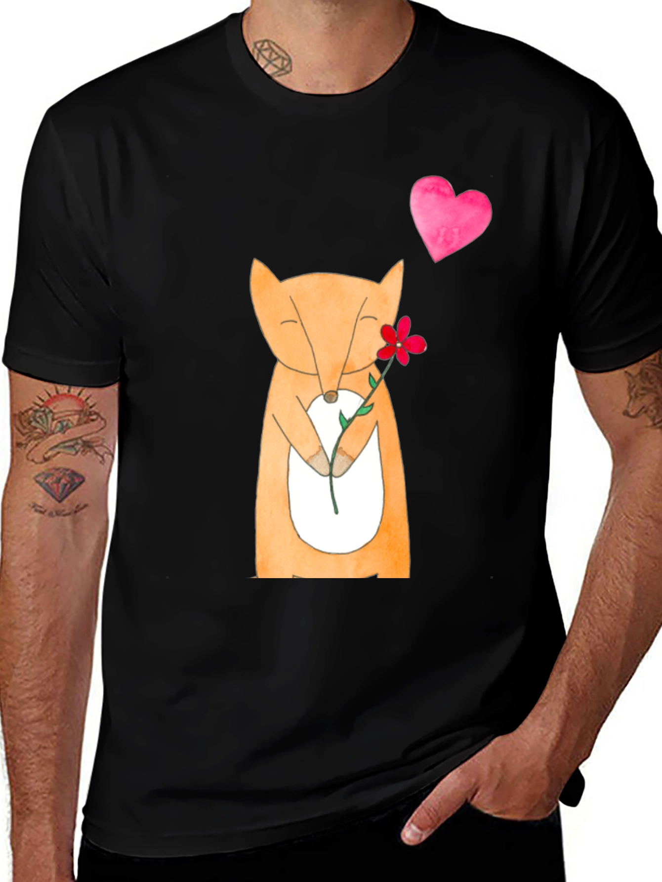 Variant 24 of Fox with Flower Graphic Tee - Black Cotton T-Shirt