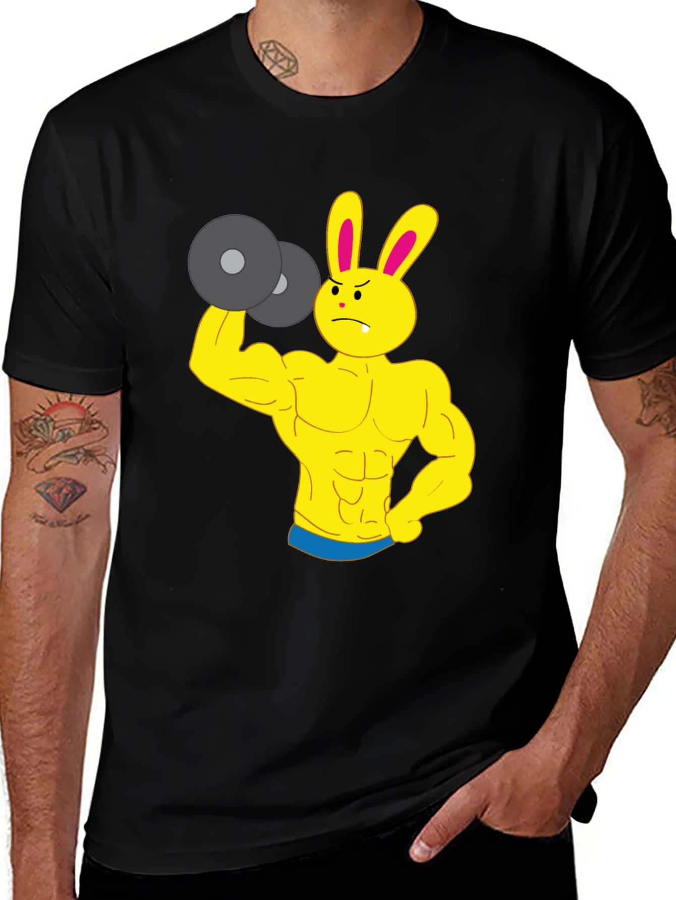 Variant 8 of Funny Gym Bunny Black T-Shirt - Weightlifting Rabbit Design