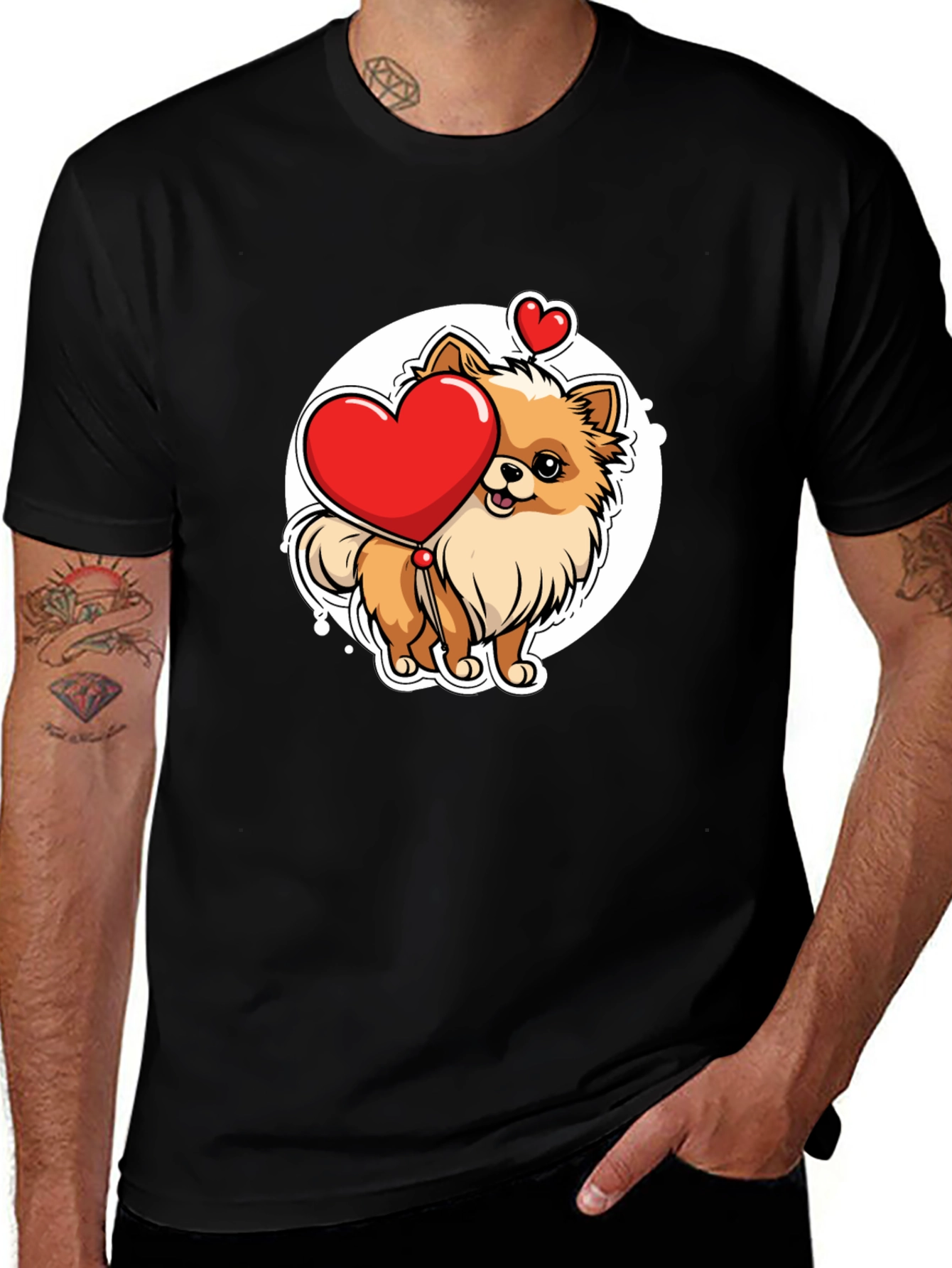 Cute Pomeranian Dog Holding Heart - Men's Black T-Shirt