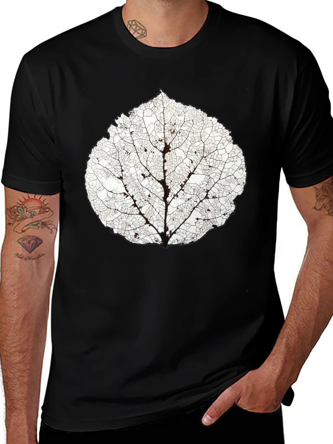 Variant 19 of Botanical Leaf Skeleton Graphic Tee - Black Cotton Blend