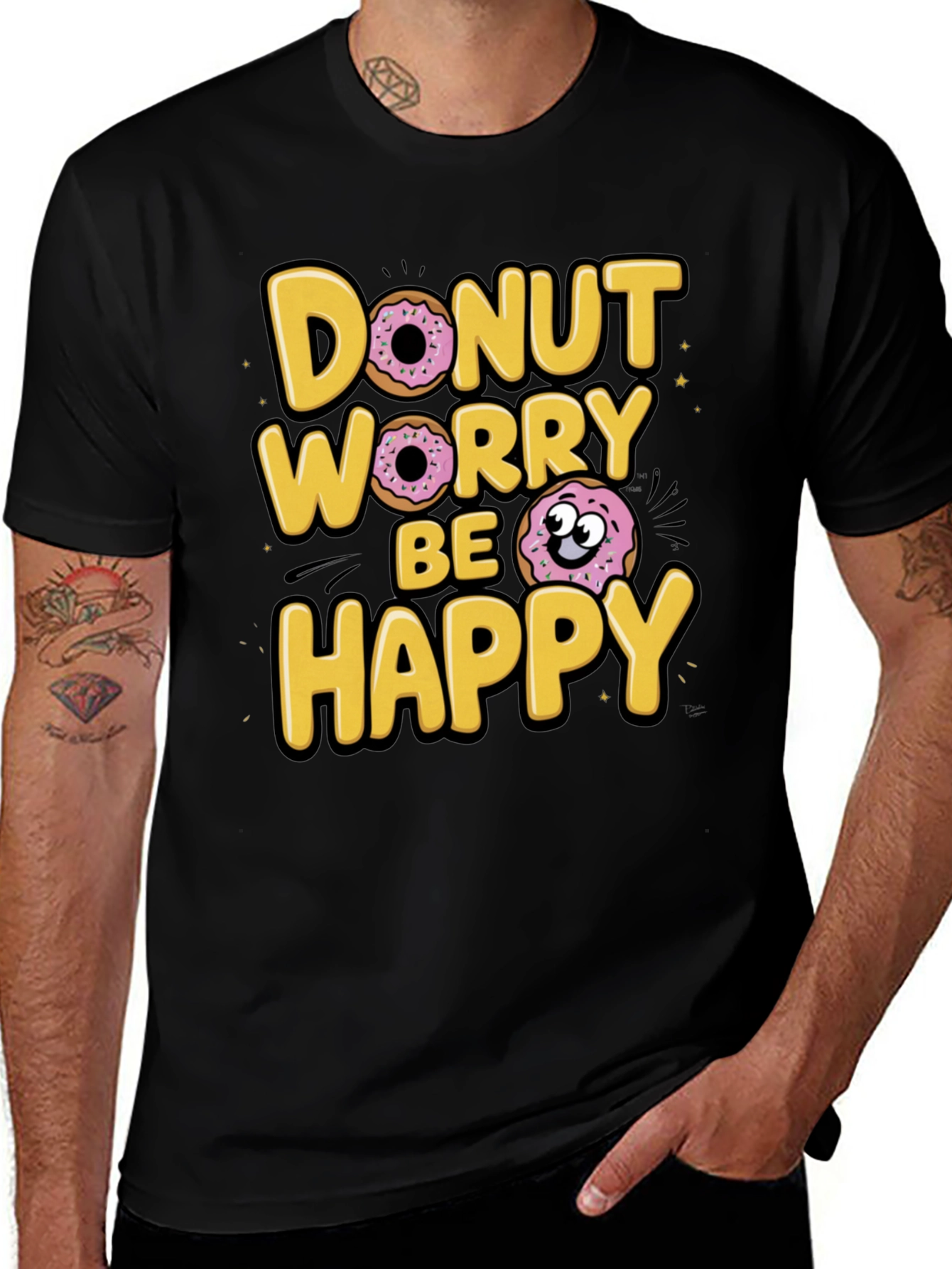 Variant 12 of Donut Worry Be Happy Black Graphic T-Shirt
