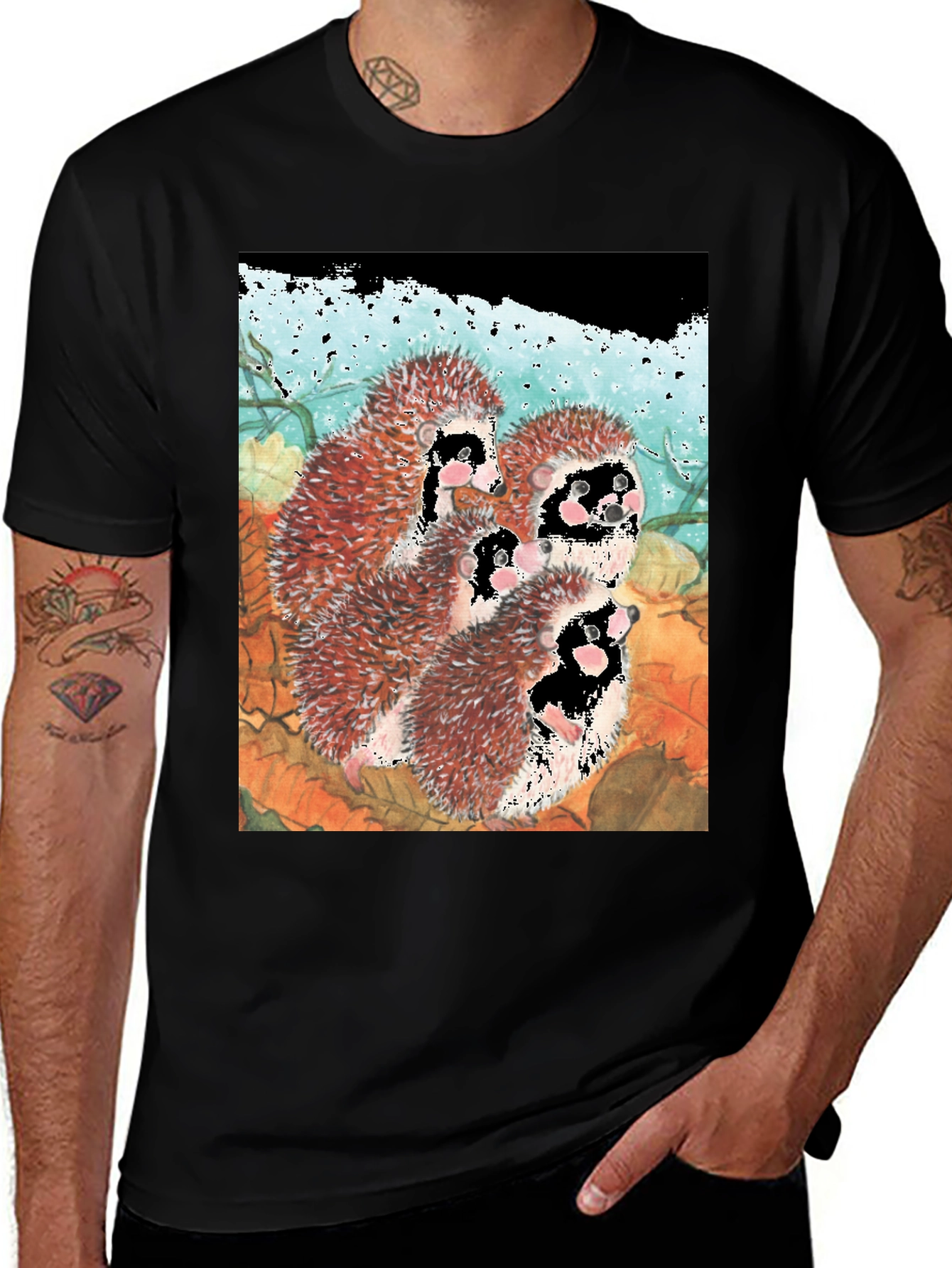 Variant 23 of Hedgehog Family T-Shirt - Black Cotton Tee