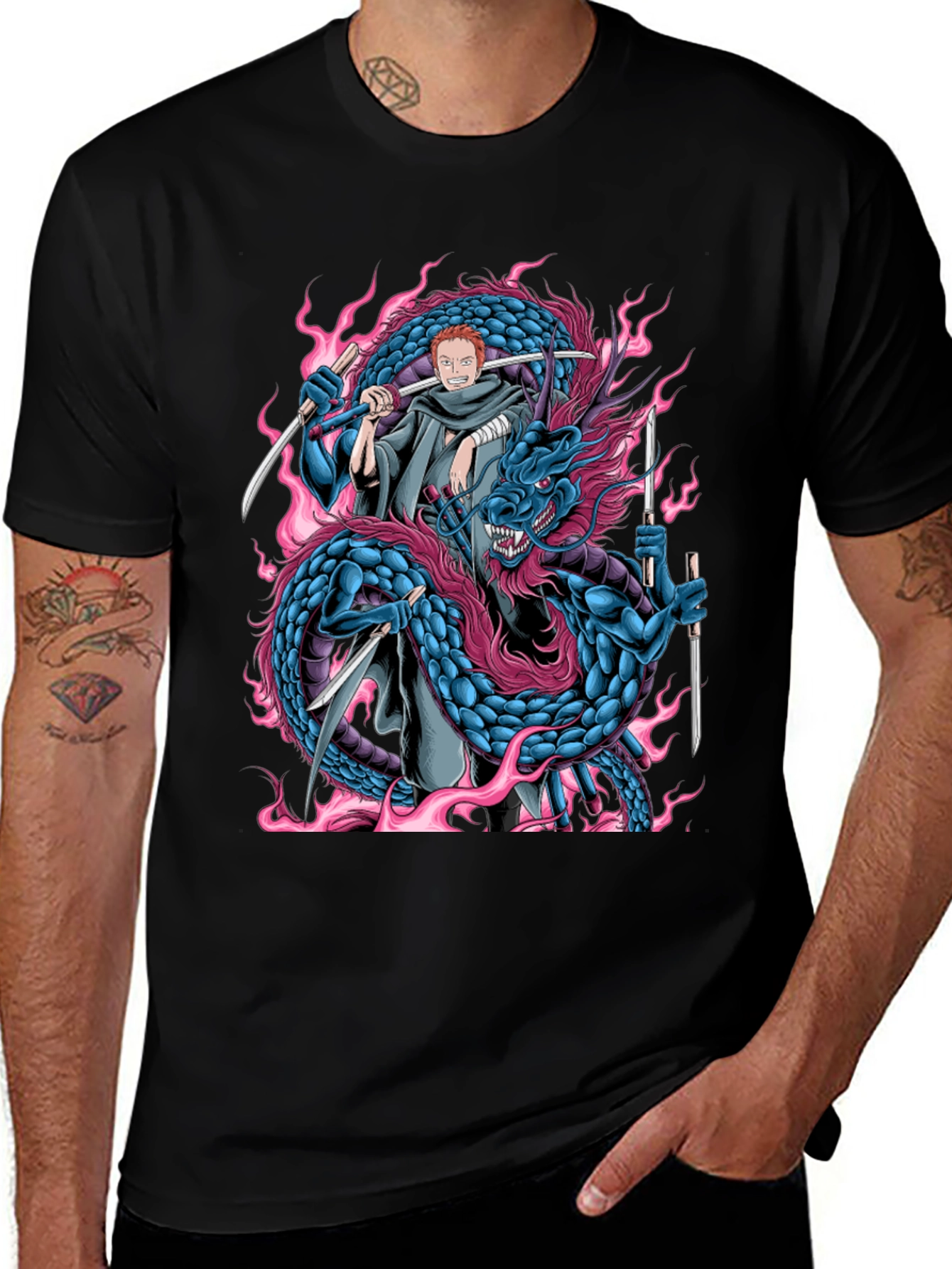Variant 22 of Anime-Inspired Dragon & Swordsman Graphic Tee