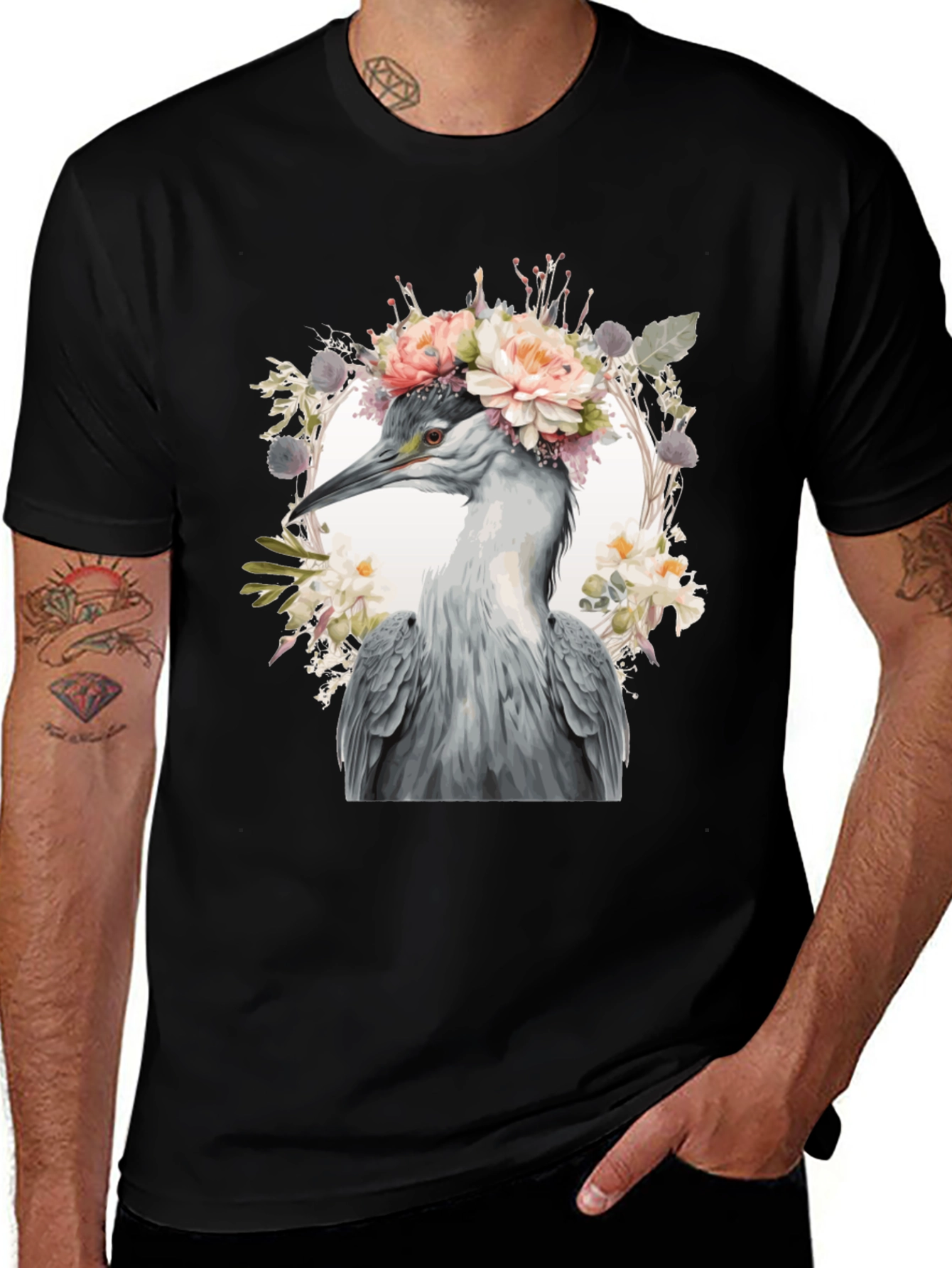 Variant 13 of Floral Heron Graphic Tee - Unique Nature Design