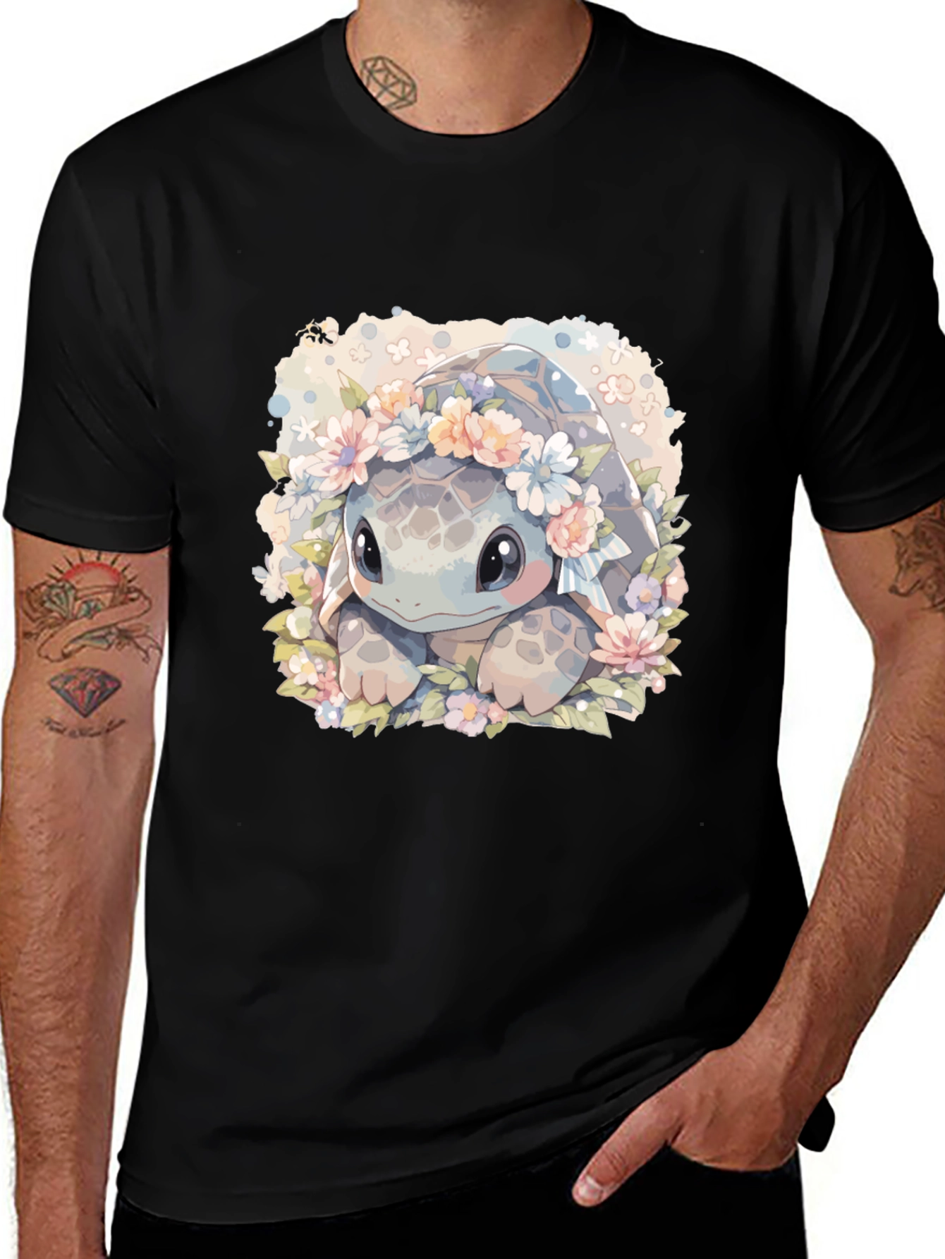 Variant 11 of Cute Turtle Floral Wreath Graphic Tee