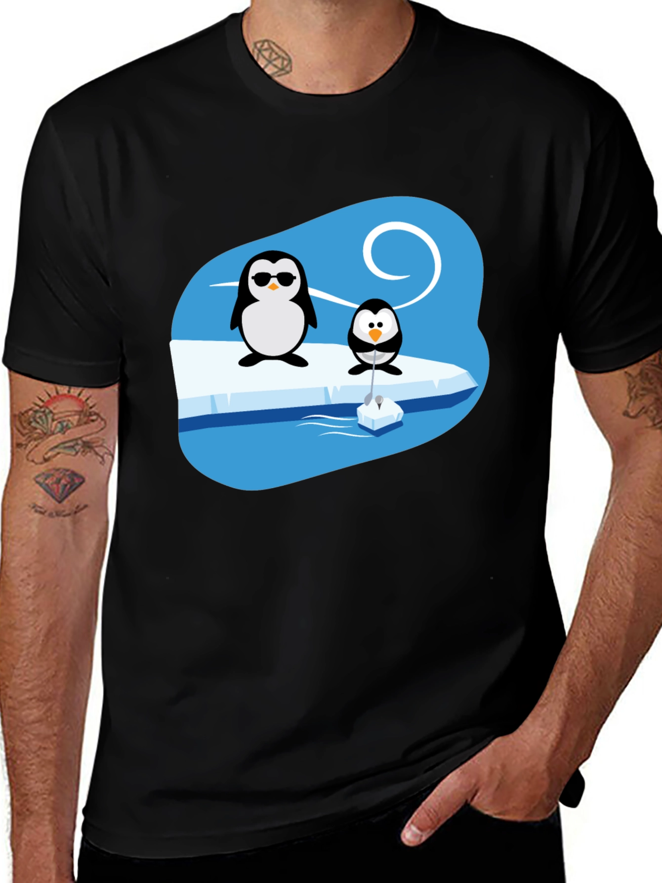 Variant 17 of Penguin Fishing Graphic Tee - Black Cotton T-Shirt