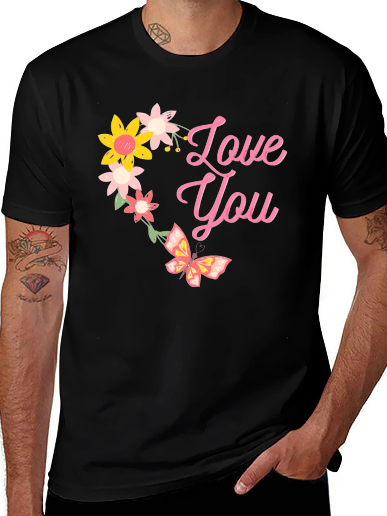 Variant 6 of Love You Floral Butterfly Graphic Tee - Black