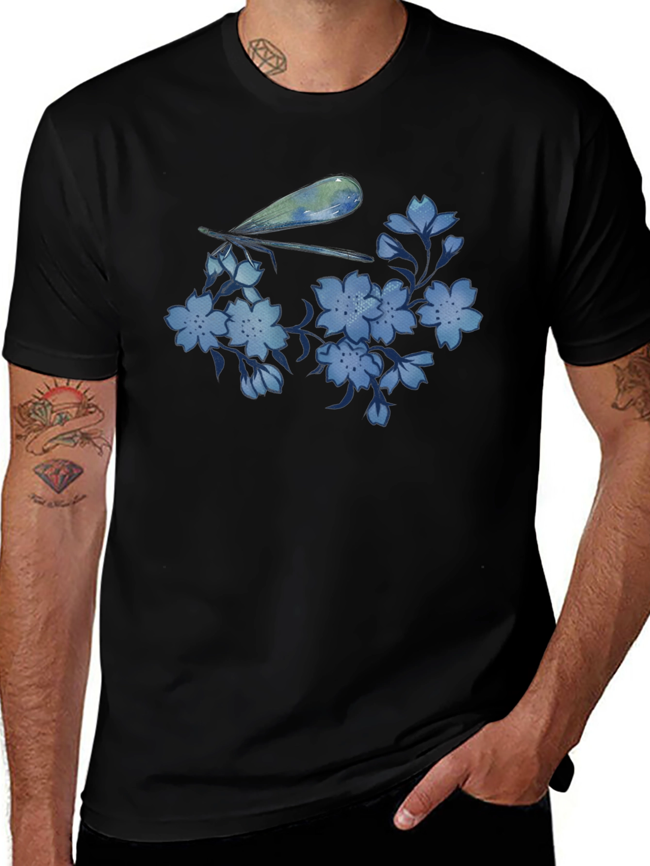 Variant 21 of Dragonfly & Floral Print Black T-Shirt