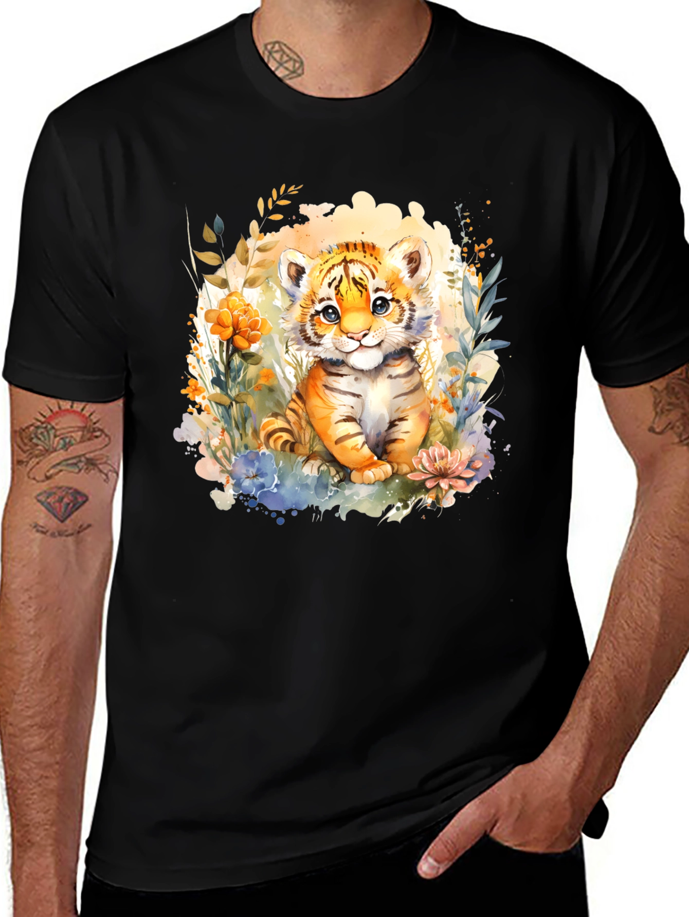 Variant 9 of Cute Tiger Cub Floral Graphic T-Shirt