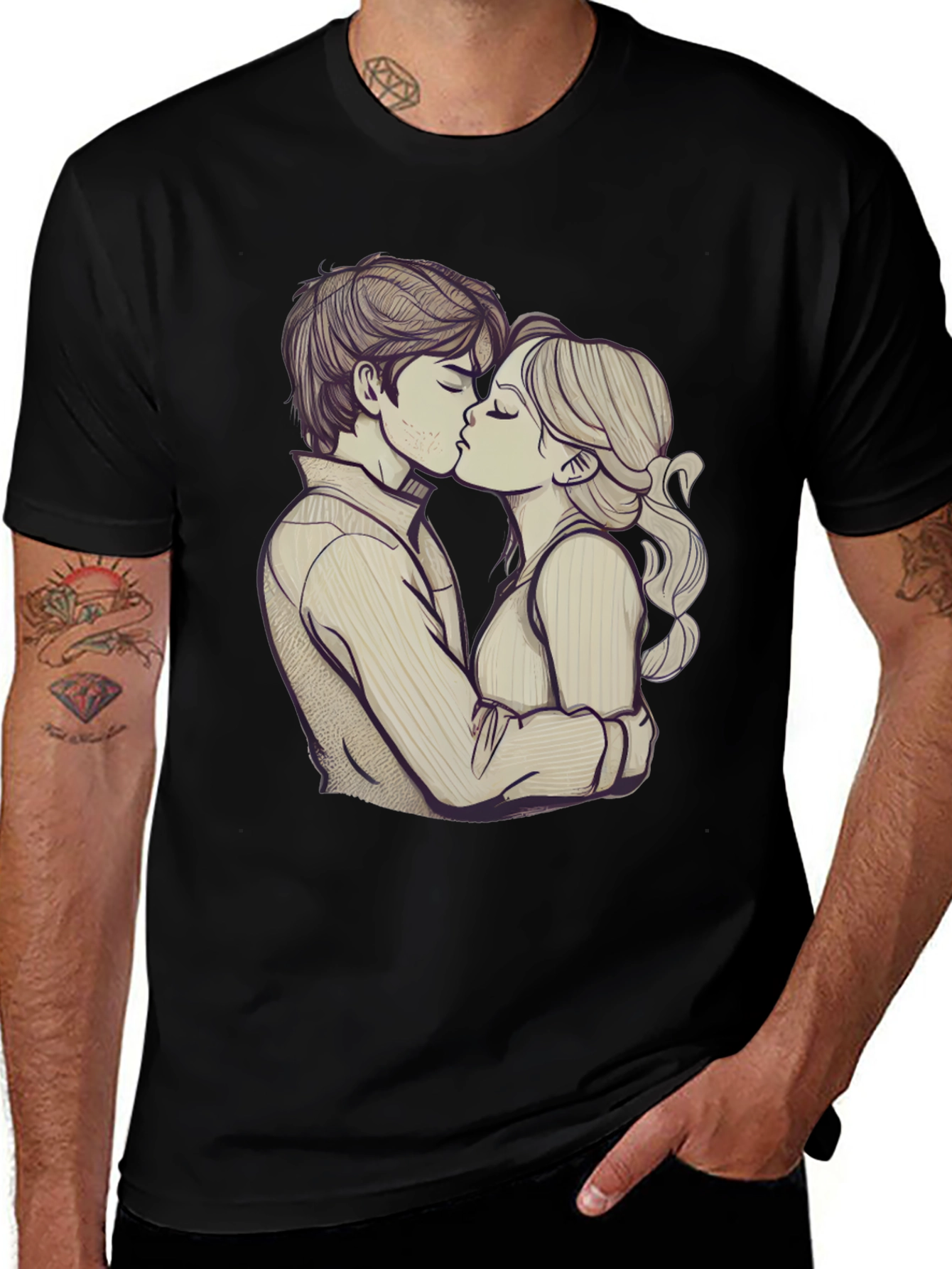 Variant 16 of Romantic Couple Kissing Graphic Black T-Shirt