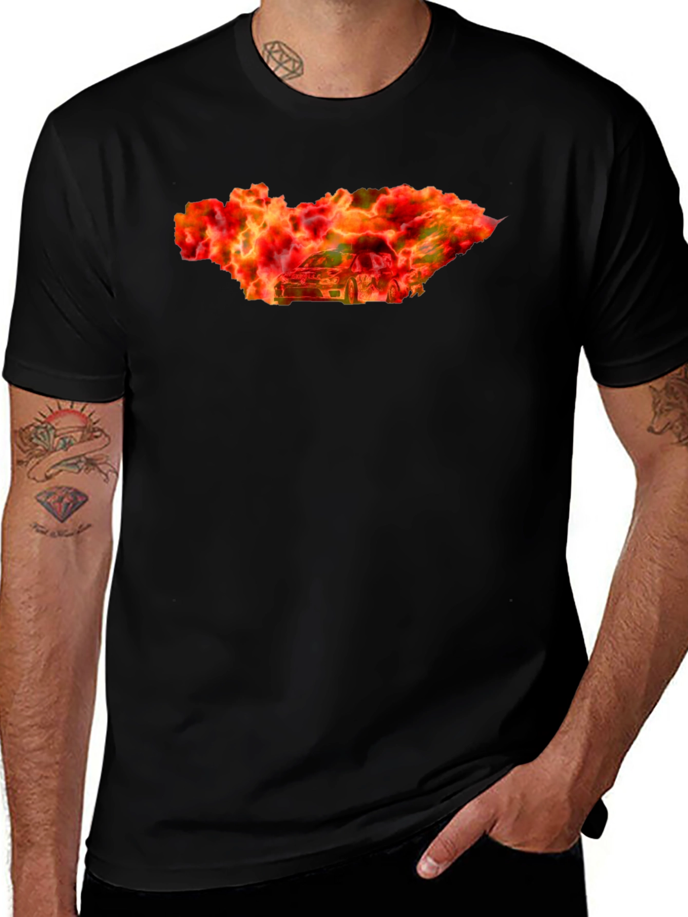 Variant 8 of Fiery Car Graphic Tee - Black Cotton T-Shirt