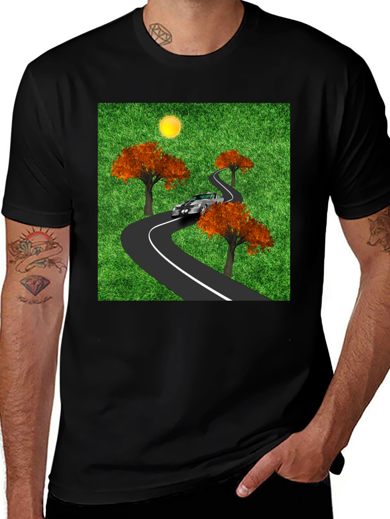 Black Road Trip T-Shirt - Car, Trees, and Scenic Route main image