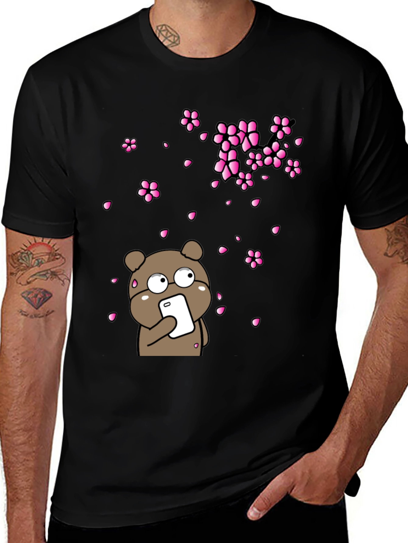 Variant 15 of Bear with Phone and Cherry Blossoms Black T-Shirt