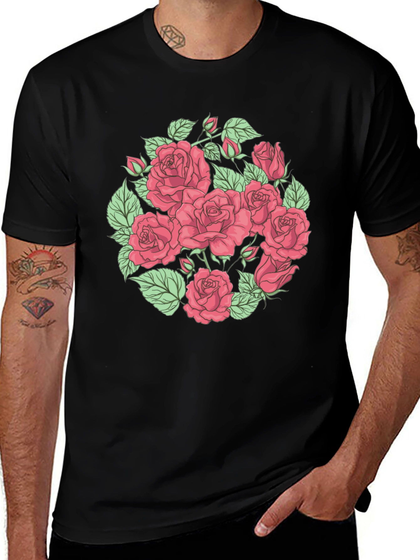 Variant 18 of Floral Rose Print Black T-Shirt