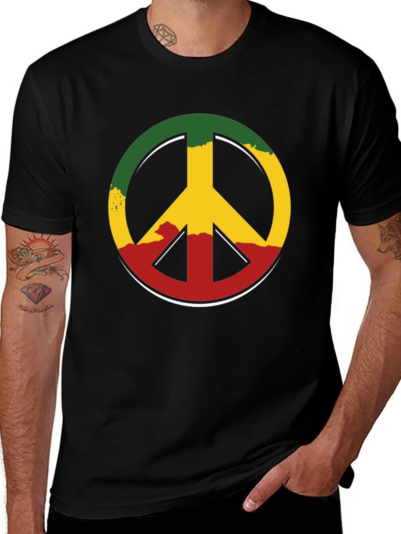 Rasta Peace Sign Graphic Tee - Casual Black T-Shirt