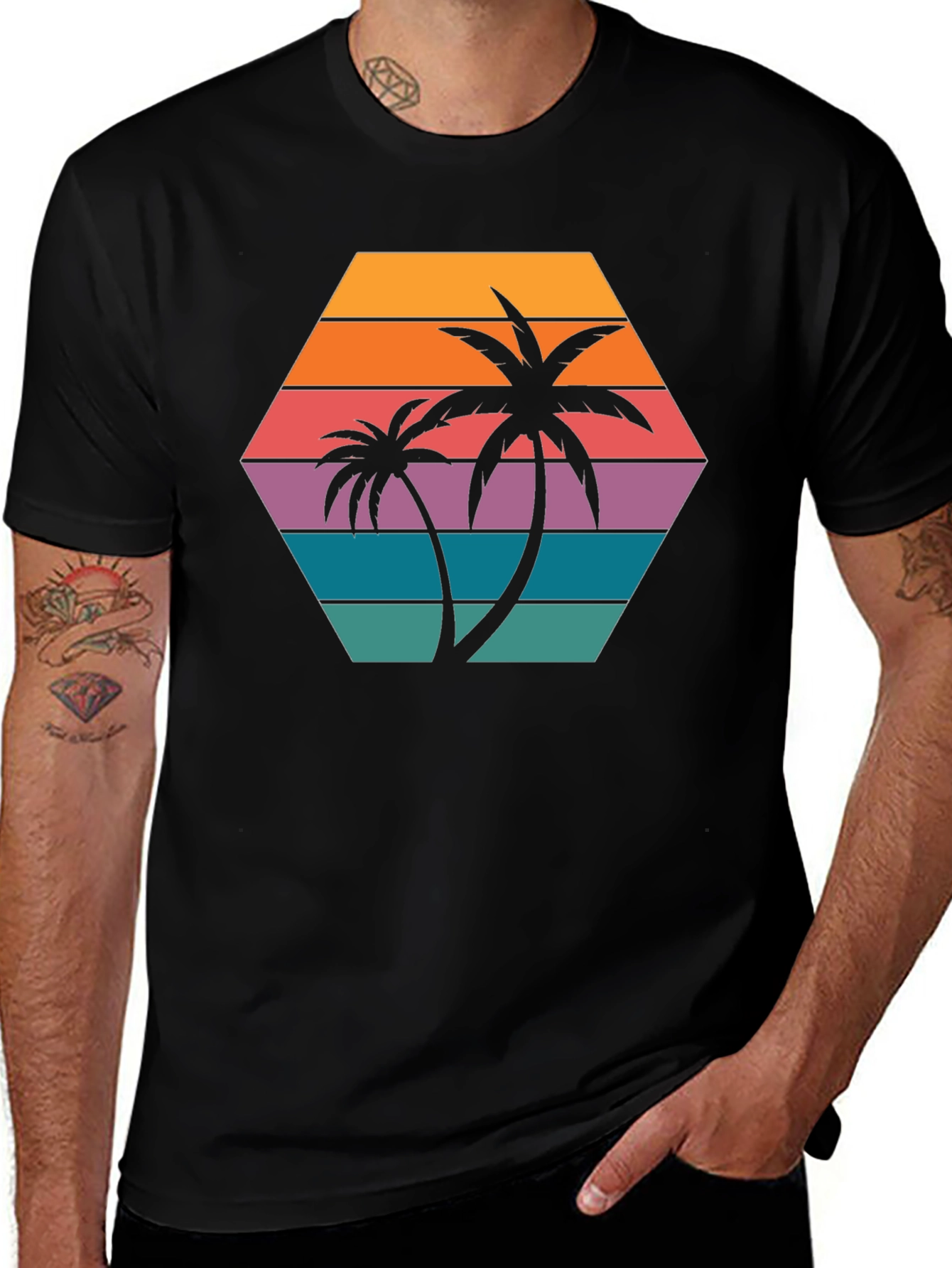 Variant 20 of Tropical Palm Tree Hexagon Graphic Tee