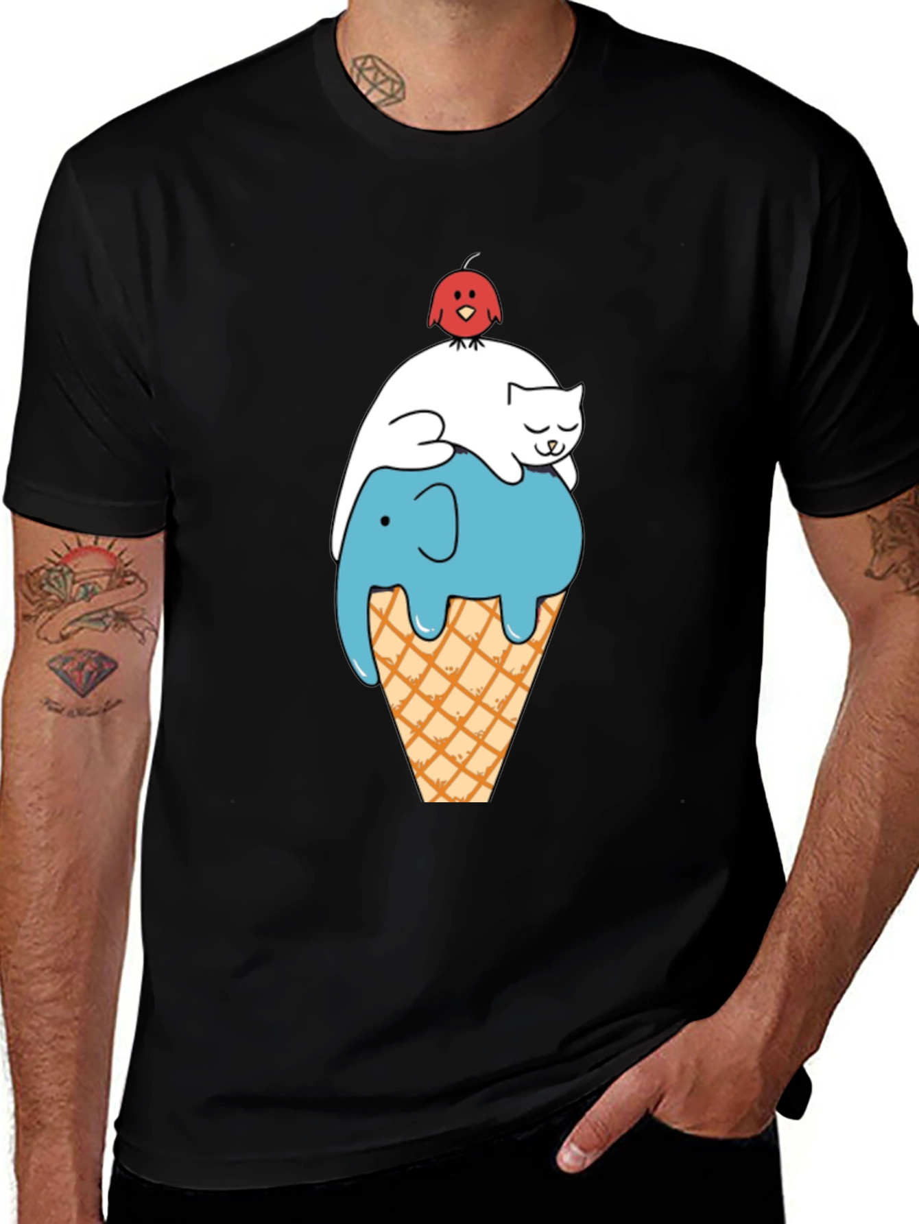 Variant 2 of Whimsical Animal Ice Cream Cone Black T-Shirt