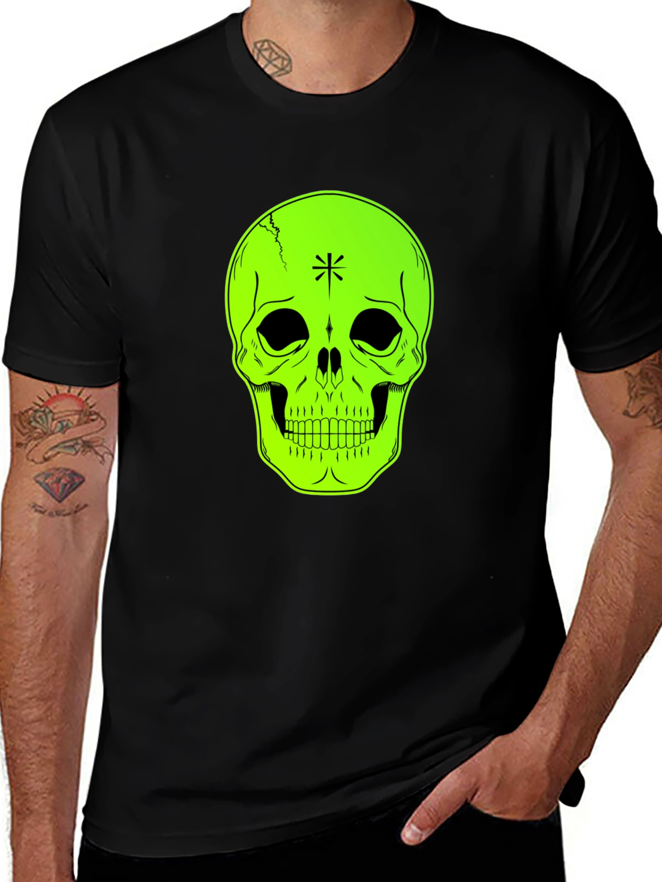 Neon Green Skull Graphic Black T-Shirt