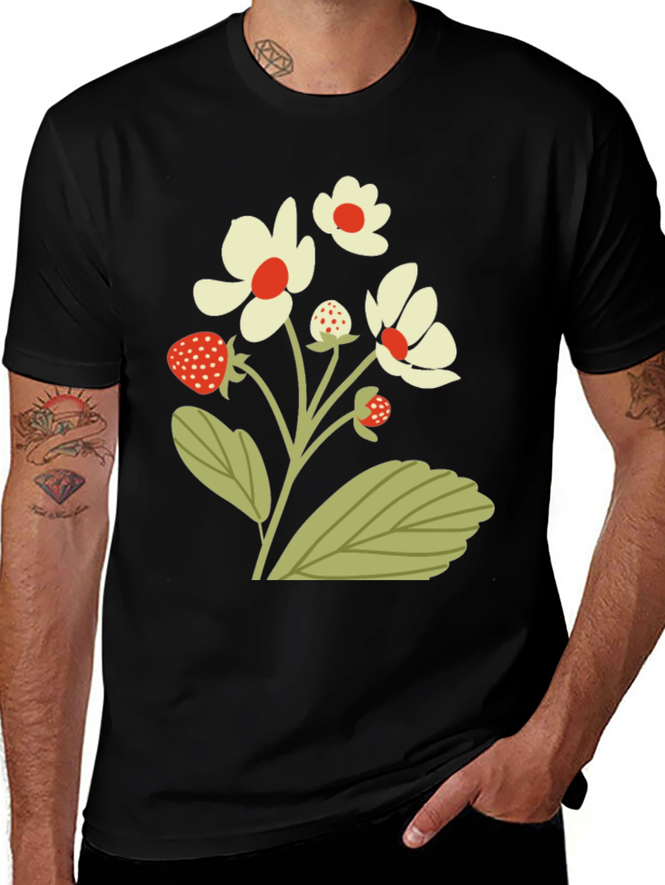 Strawberry Floral Print Black T-Shirt