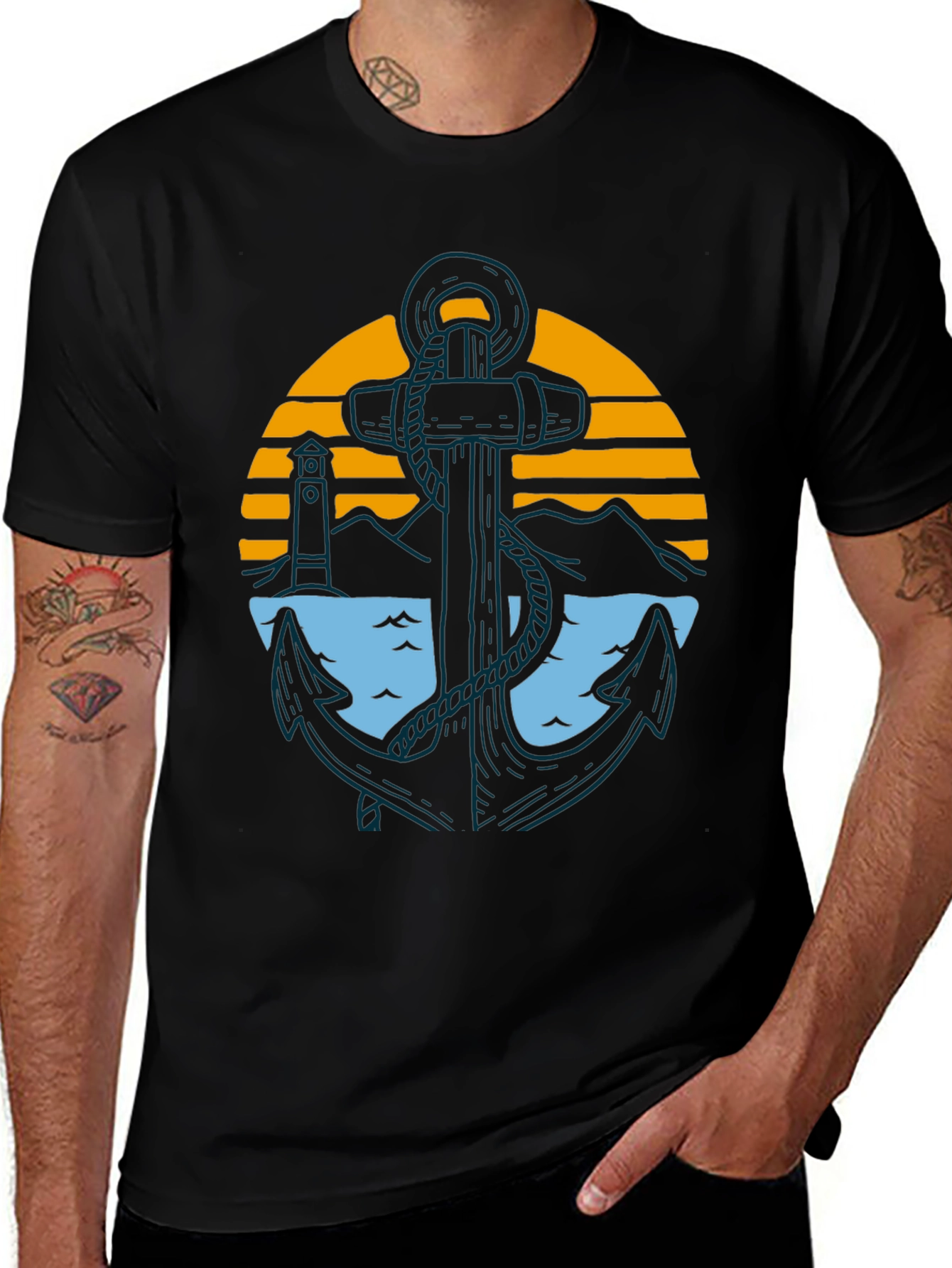 Variant 25 of Nautical Anchor Graphic Tee - Black Cotton Blend