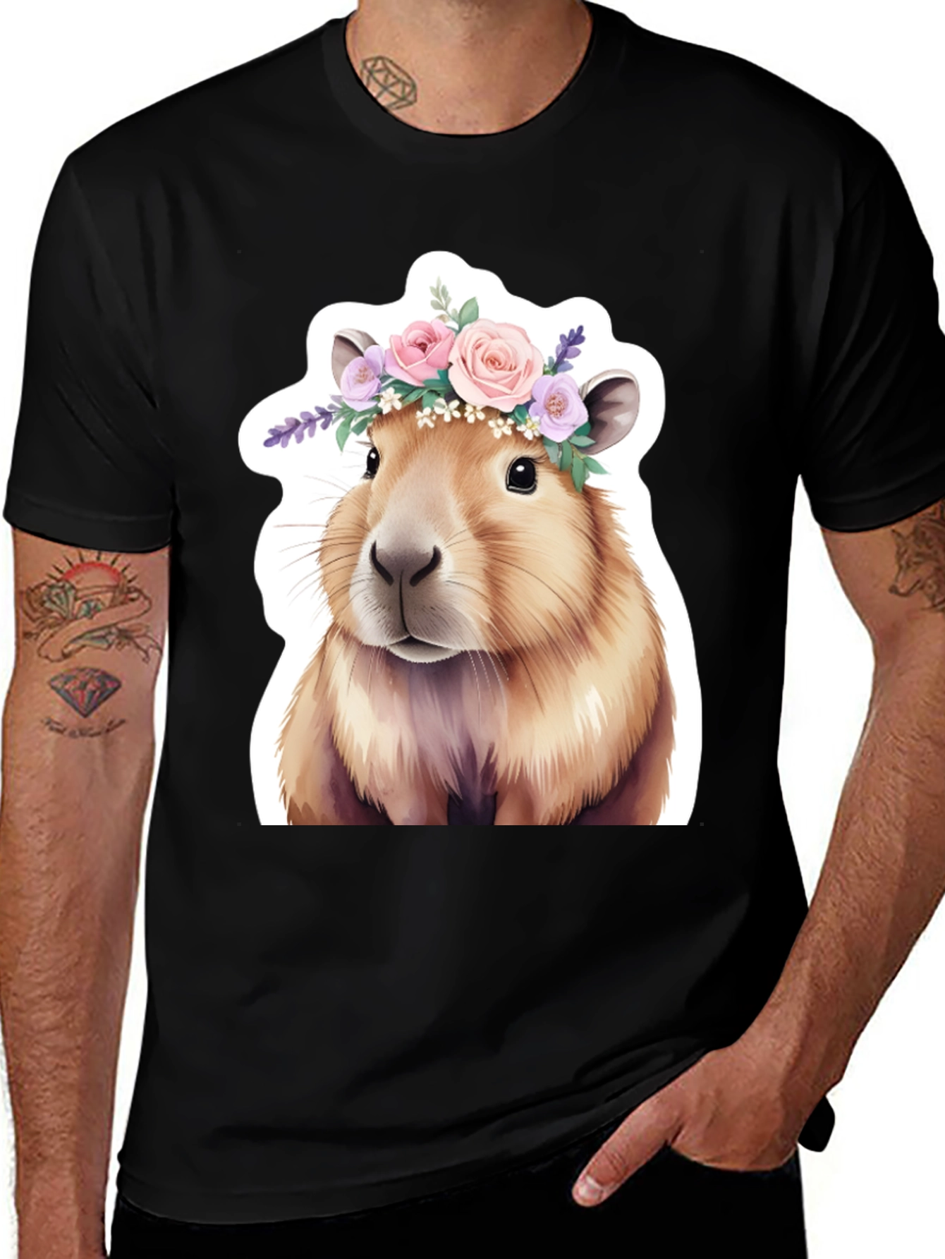 Variant 22 of Capybara Floral Crown Black T-Shirt