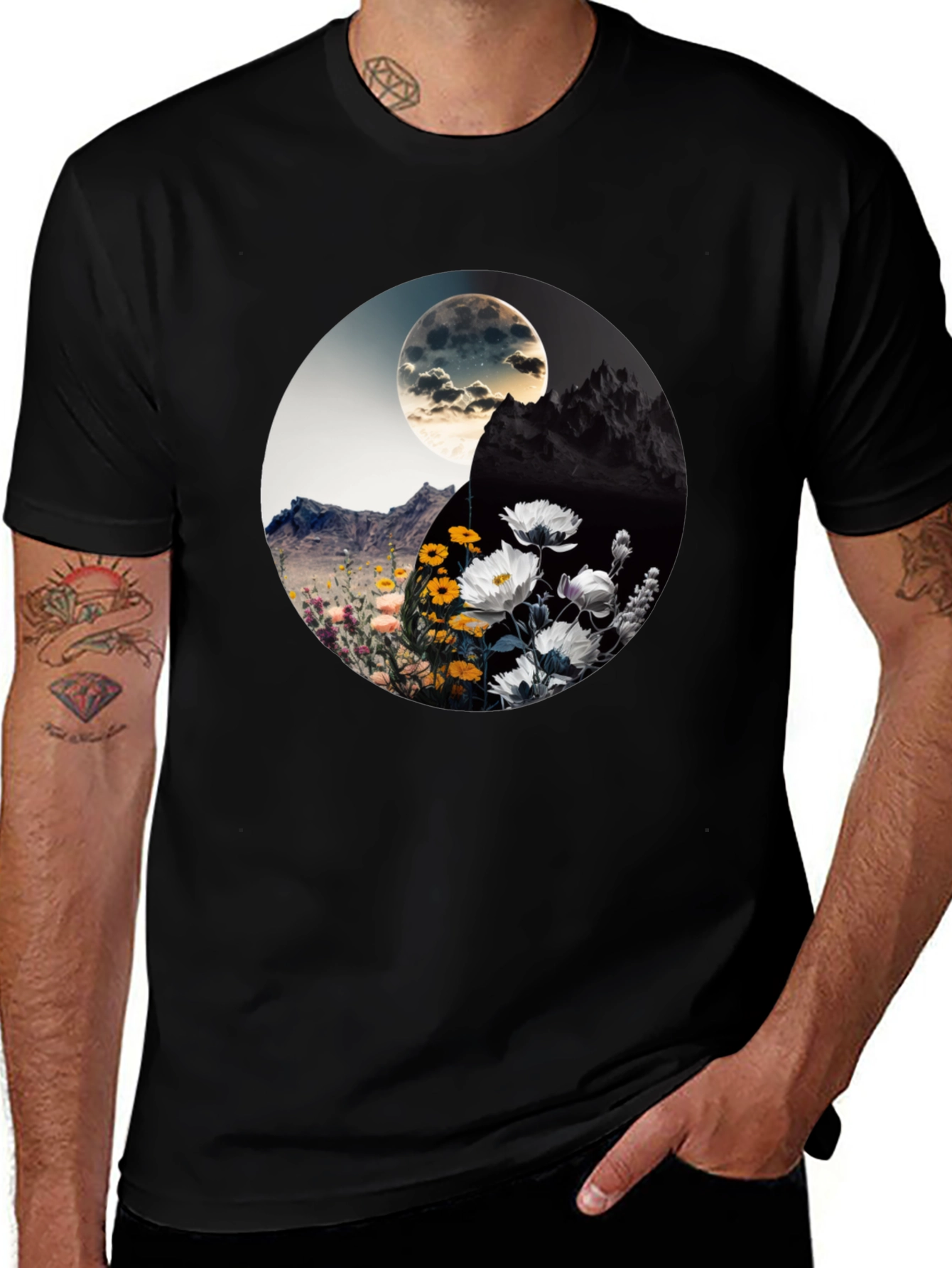 Black Yin Yang Floral Graphic Tee - Stylish Comfort main image
