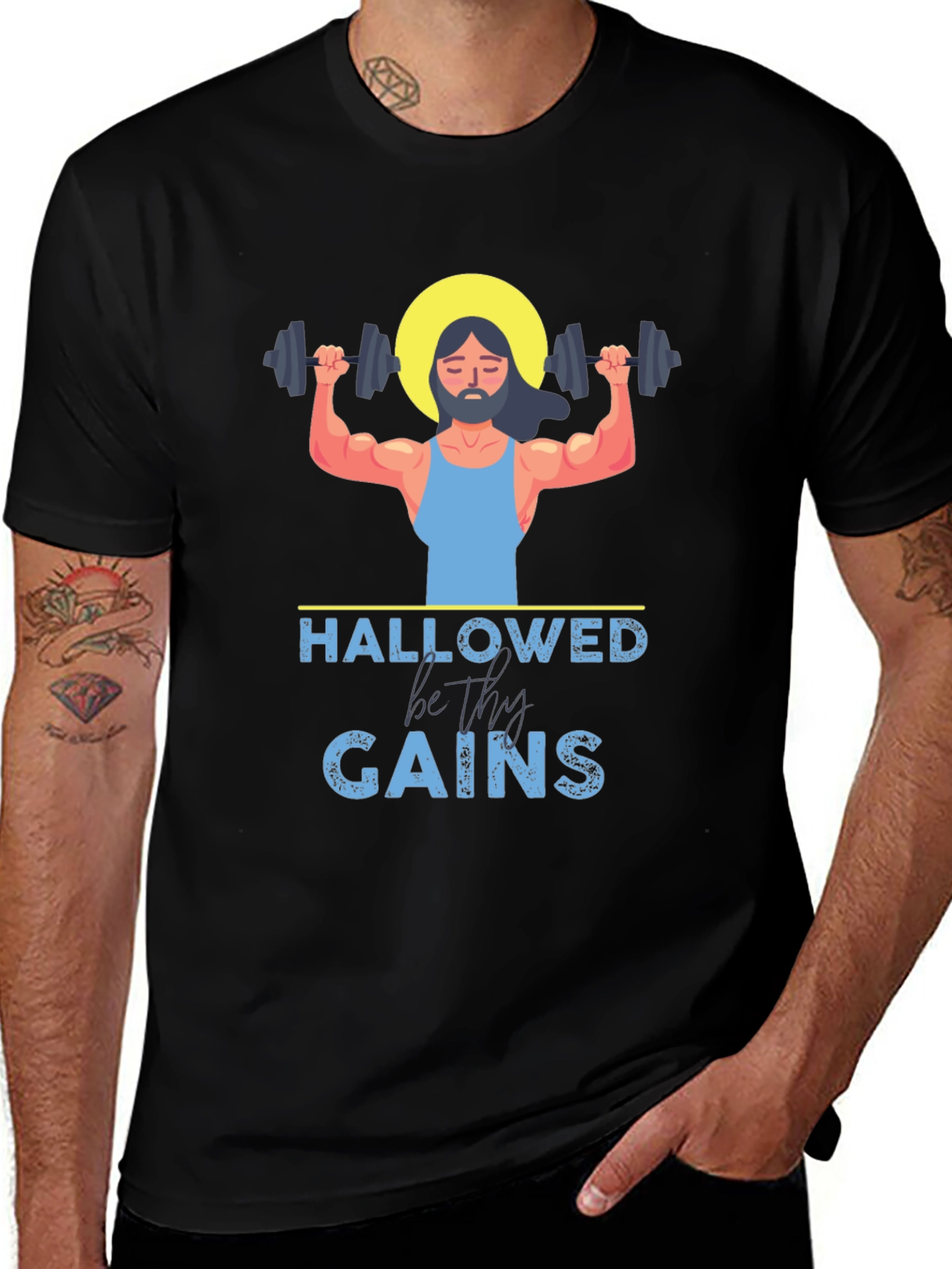 Hallowed Be Thy Gains T-Shirt - Jesus Lifting Weights